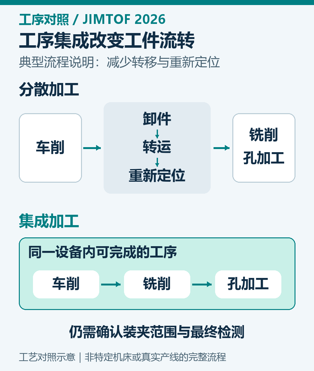 典型工序对照：分散加工包含卸件、转运和重新定位；工序集成把可完成的车削、铣削和孔加工安排在同一设备内。