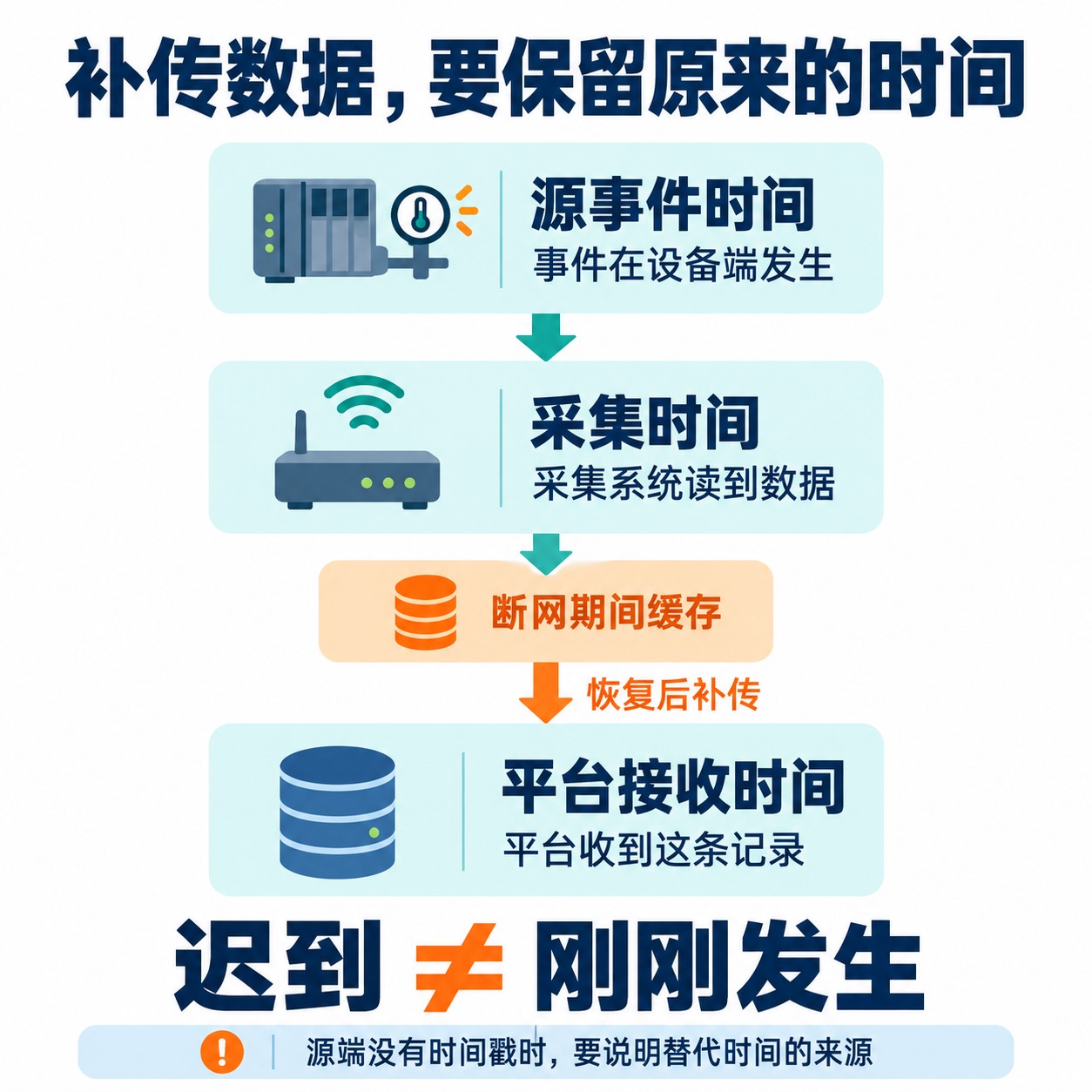 源事件时间、采集时间与平台接收时间，以及断网缓存后恢复补传的概念流程