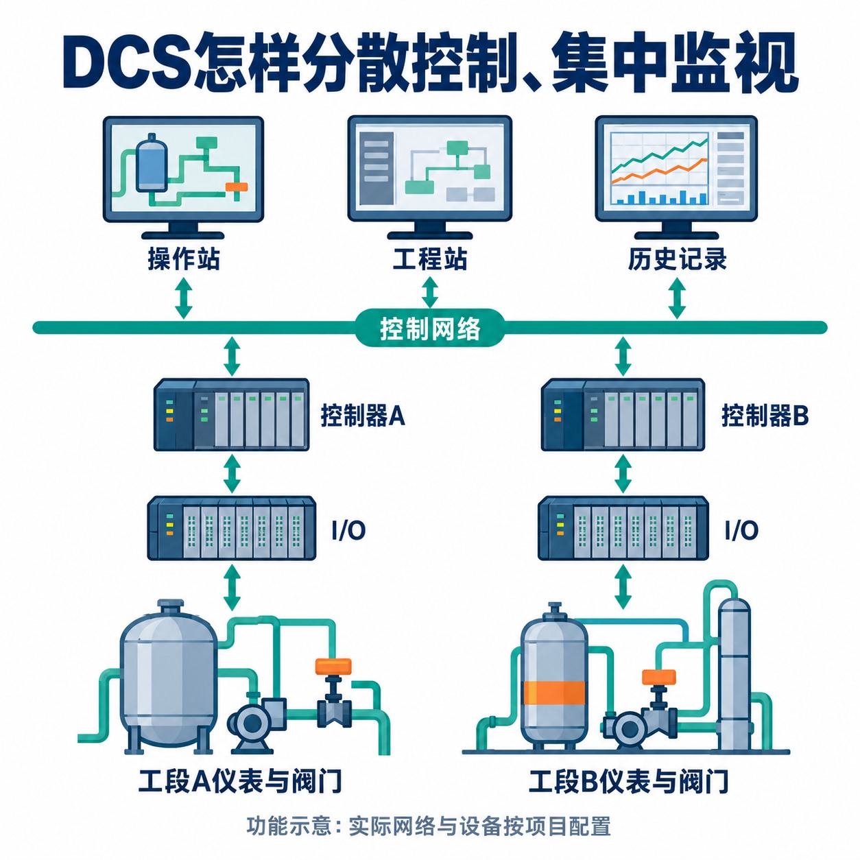 现场仪表和执行器、I/O与控制器、控制网络及操作工程历史功能的关系示意