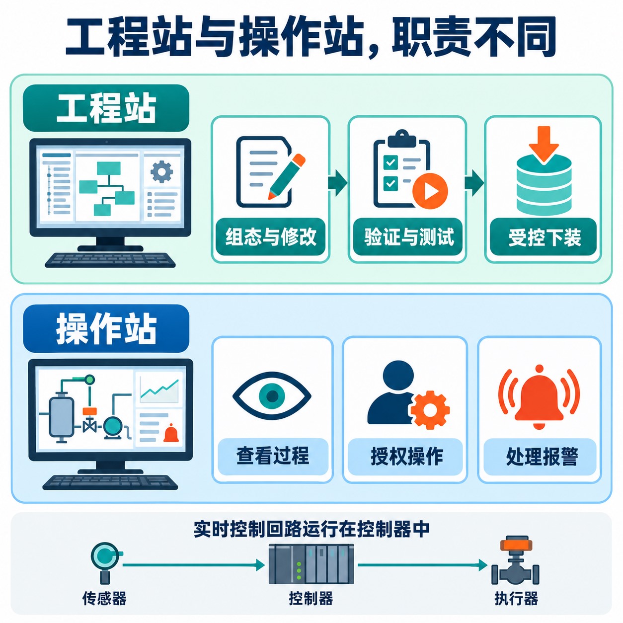 工程站的配置验证与受控应用、操作站的监视设定与报警处理两类职责示意