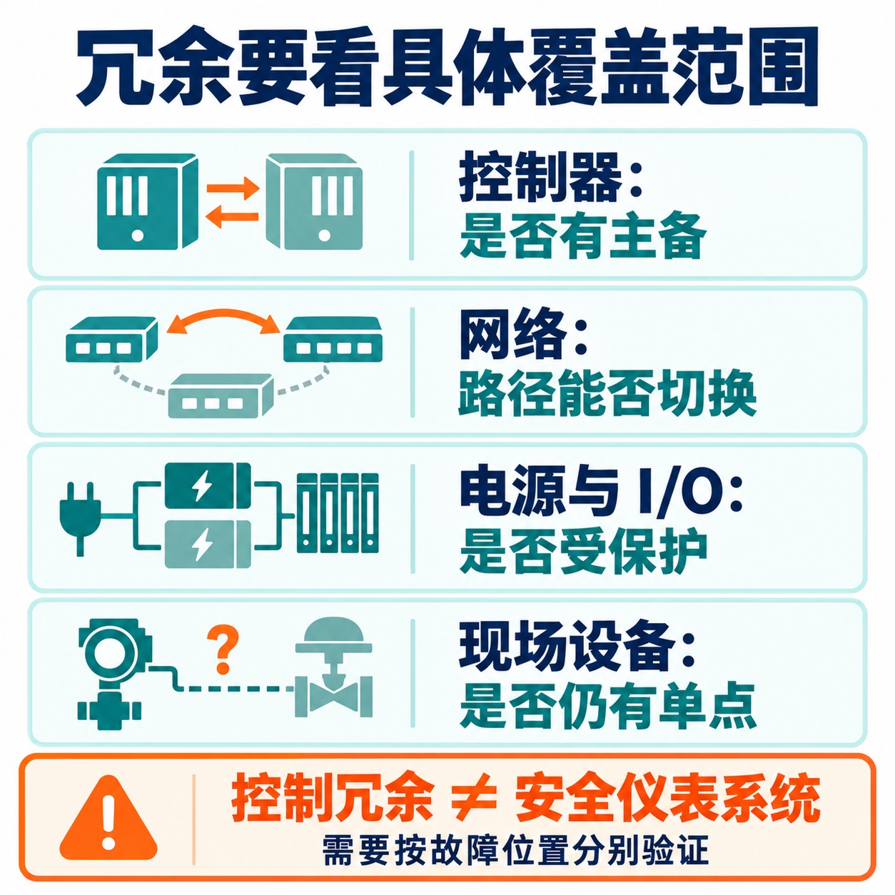 从控制器、网络、电源与I/O、现场单点逐项核对DCS冗余覆盖范围的示意