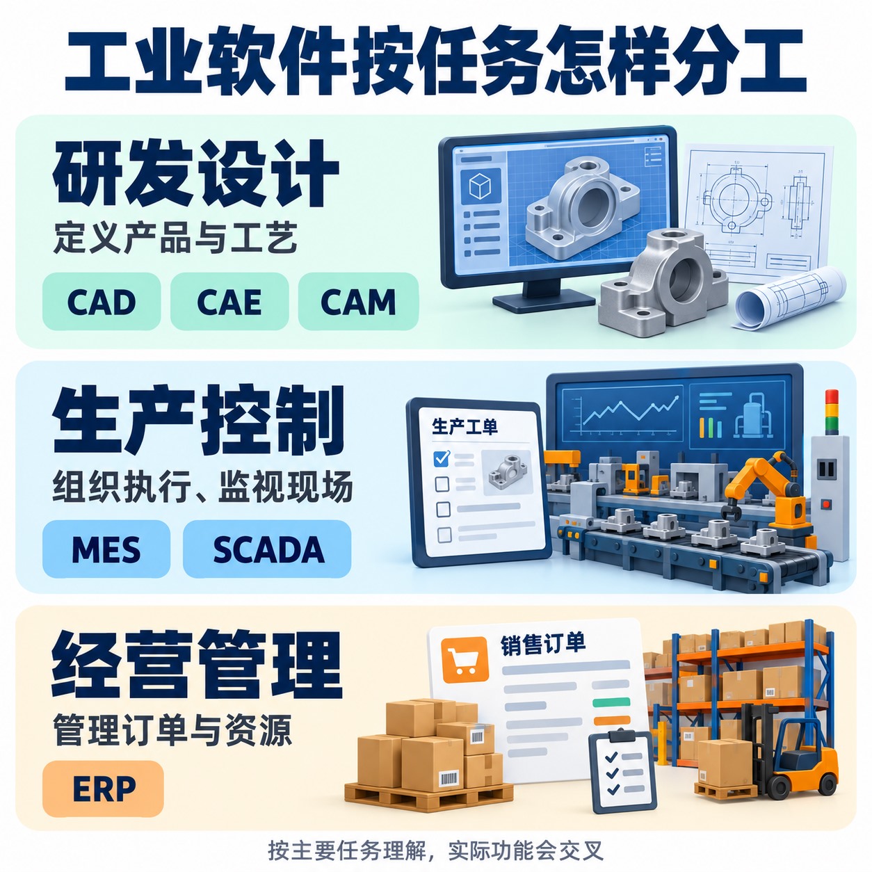 研发设计、生产控制与经营管理三类工业软件的任务对照