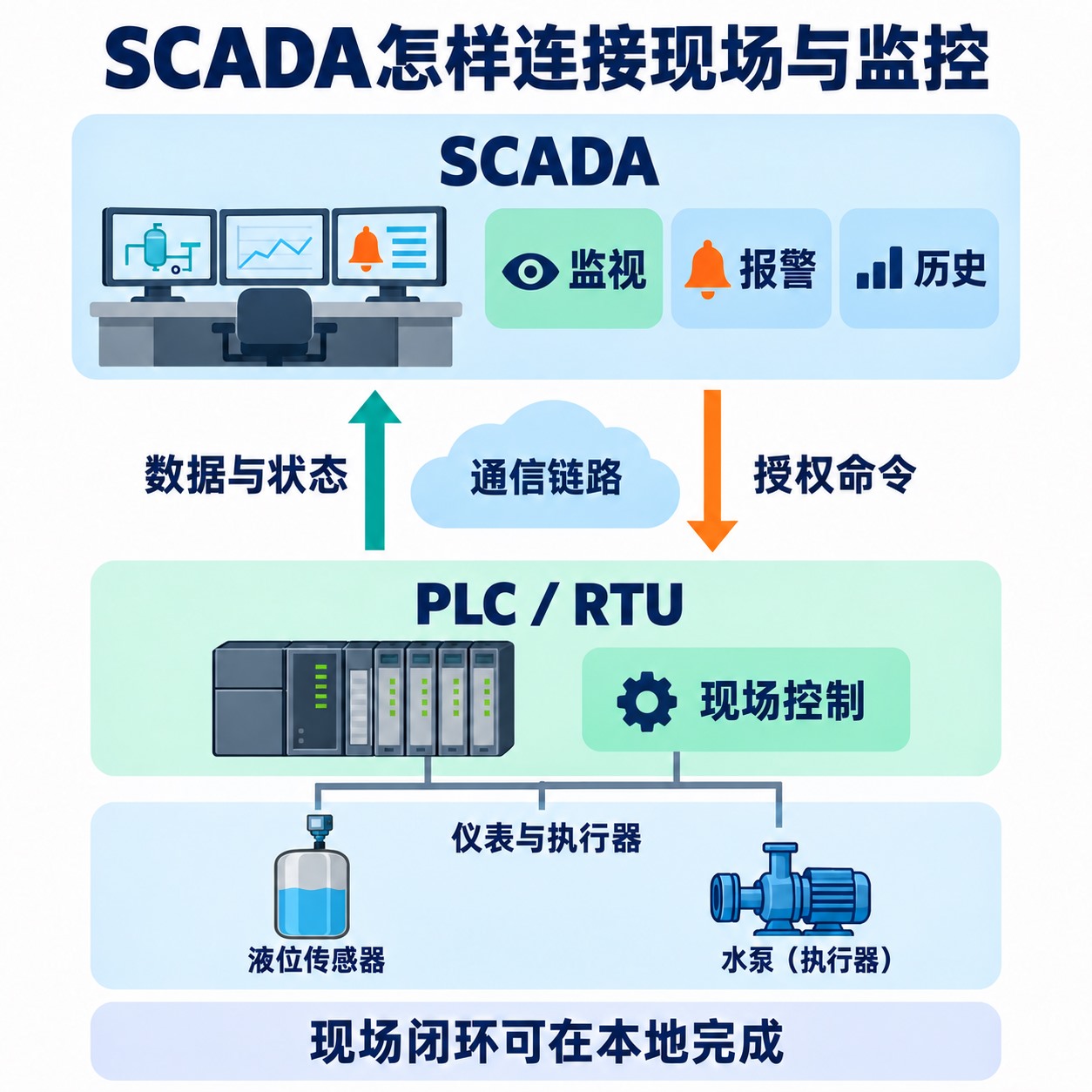 SCADA经通信链路与PLC或RTU交换数据和命令，现场控制器连接仪表与执行器