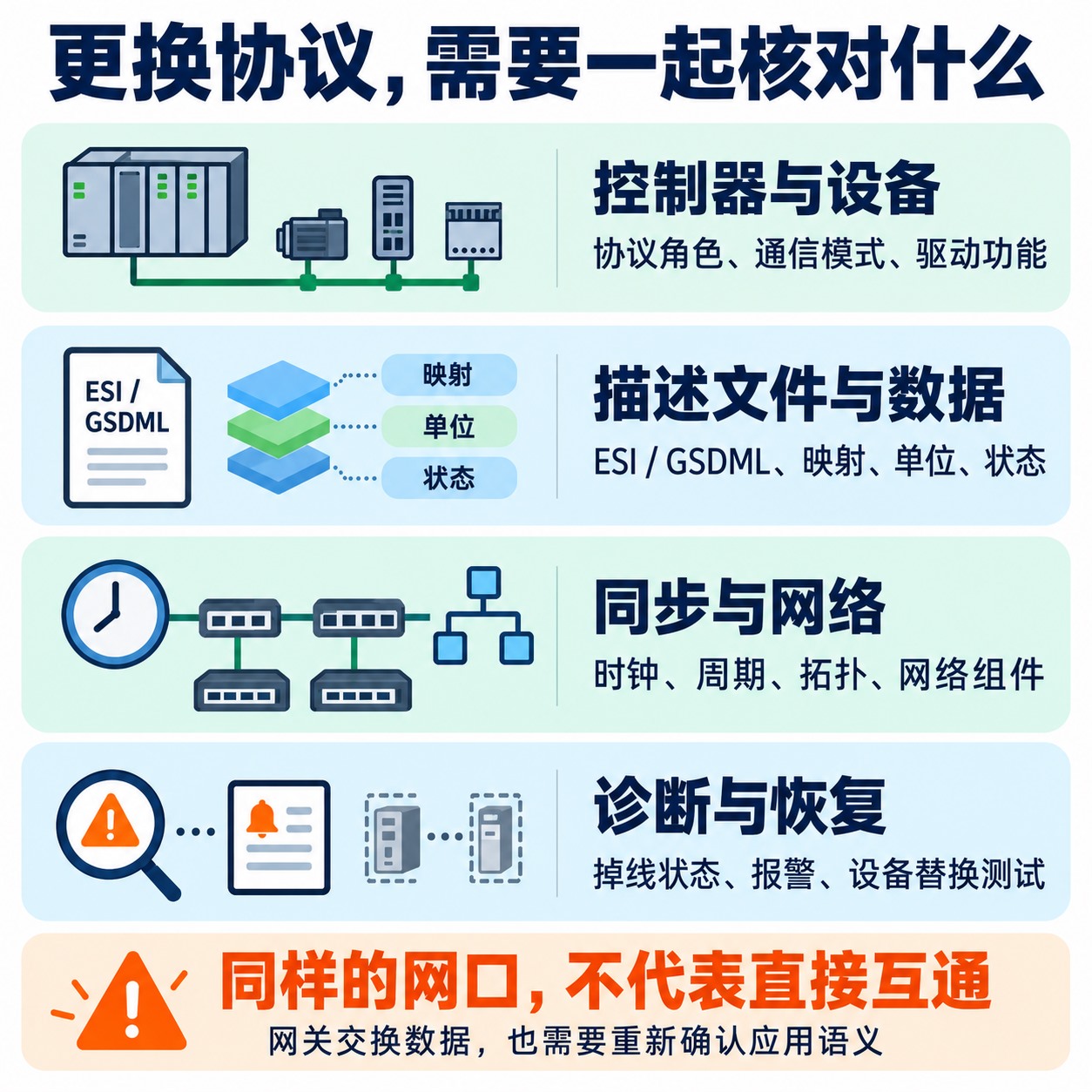 协议迁移时核对控制器设备能力、描述文件过程数据、同步拓扑与诊断的事项