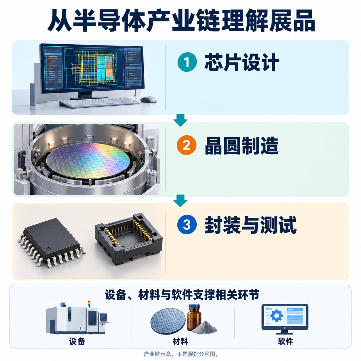 半导体设计晶圆制造封装测试与设备材料软件支撑关系的概念图