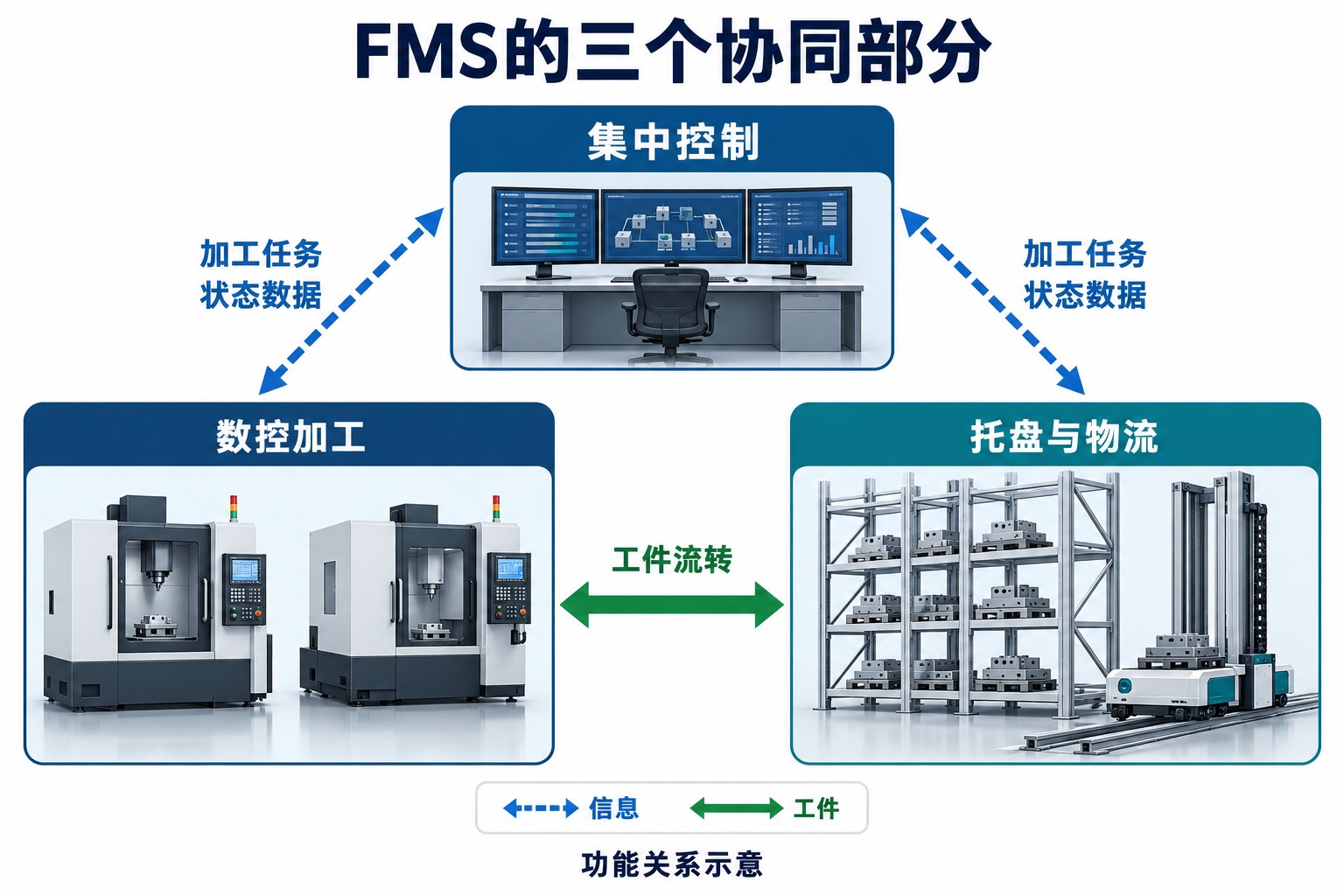 柔性制造系统中集中控制、数控加工和托盘物流之间的信息与工件流转关系