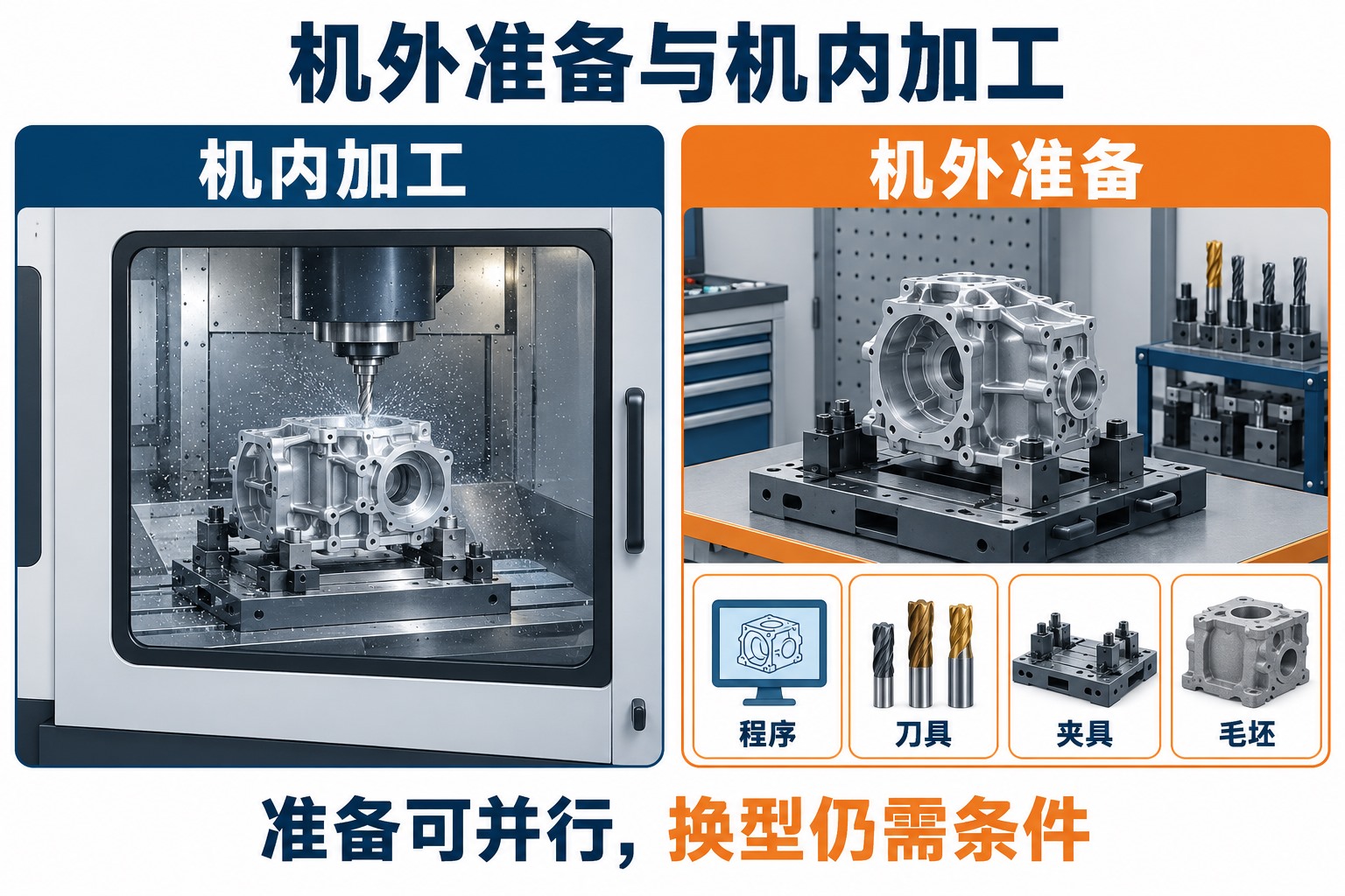 机床加工A工件的同时,独立装夹站准备B工件,程序、刀具、夹具和毛坯可提前就绪