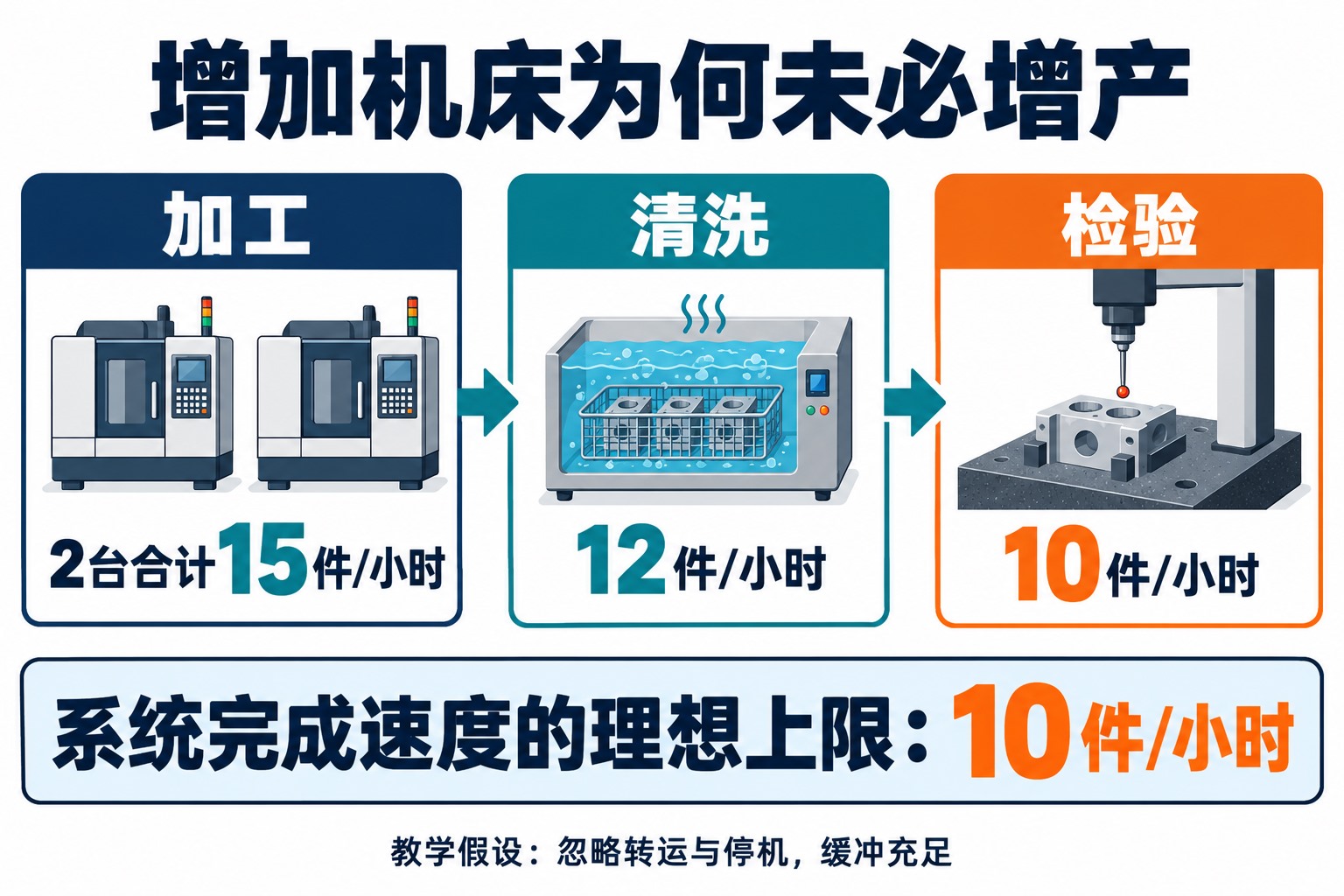 教学假设中两台加工中心合计15件每小时、清洗12件每小时、检验10件每小时,检验成为工艺链瓶颈