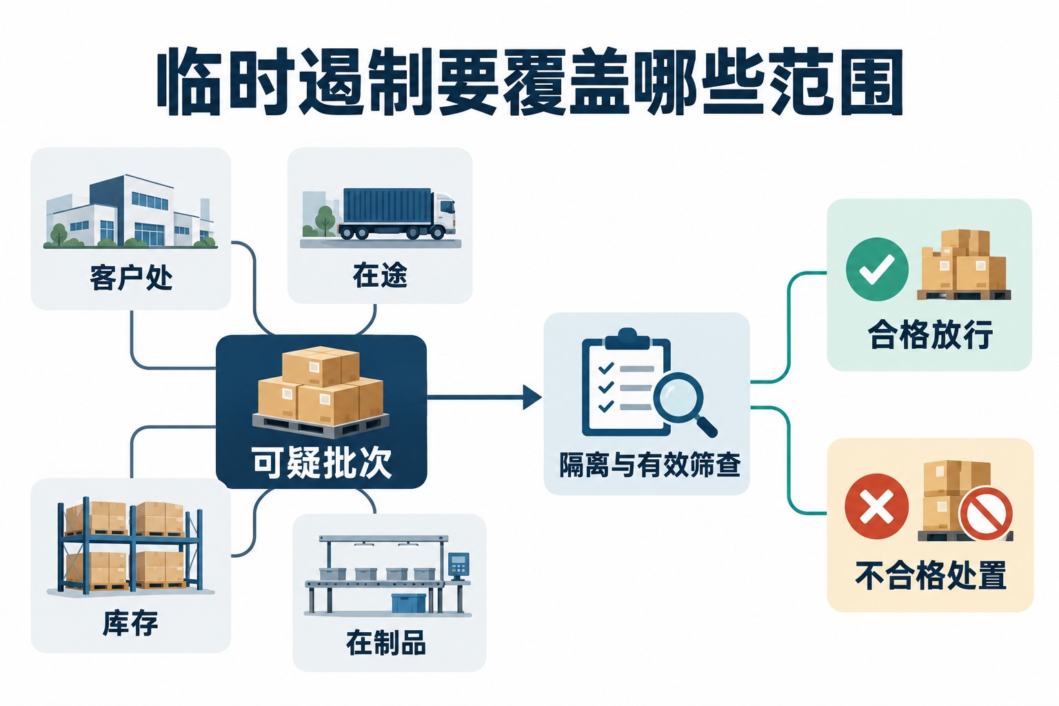 可疑批次在客户处、在途、库存和在制品中的临时隔离与筛查范围示意