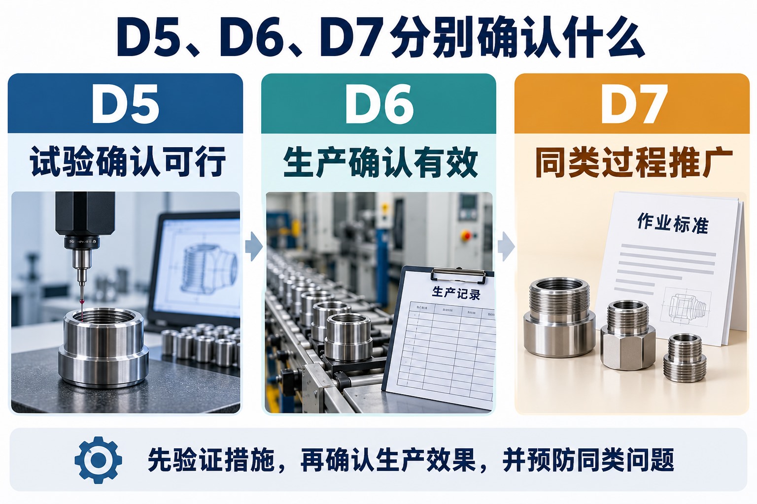 D5以受控试验验证措施可行,D6以实际生产确认措施有效,D7将适用做法推广至同类过程