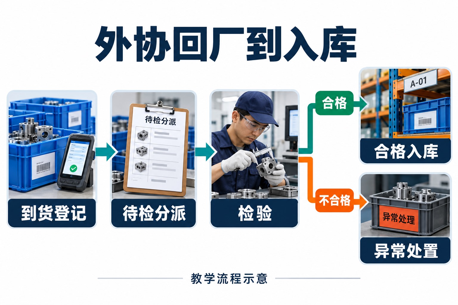 外协件到货登记、待检分派、检验和合格入库流程，不合格品进入独立异常处置分支