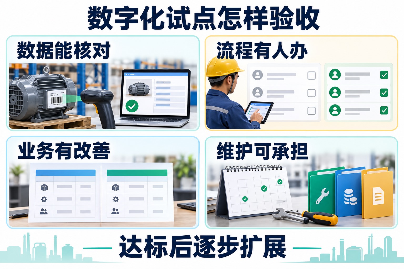 数字化试点从数据核对、流程执行、同口径业务改善和维护投入四个方面验收后再逐步扩展