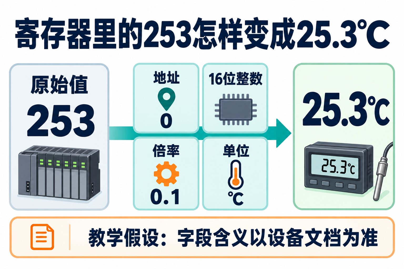 示例寄存器地址0中的原始值253,按16位整数和0.1倍率转换为25.3摄氏度