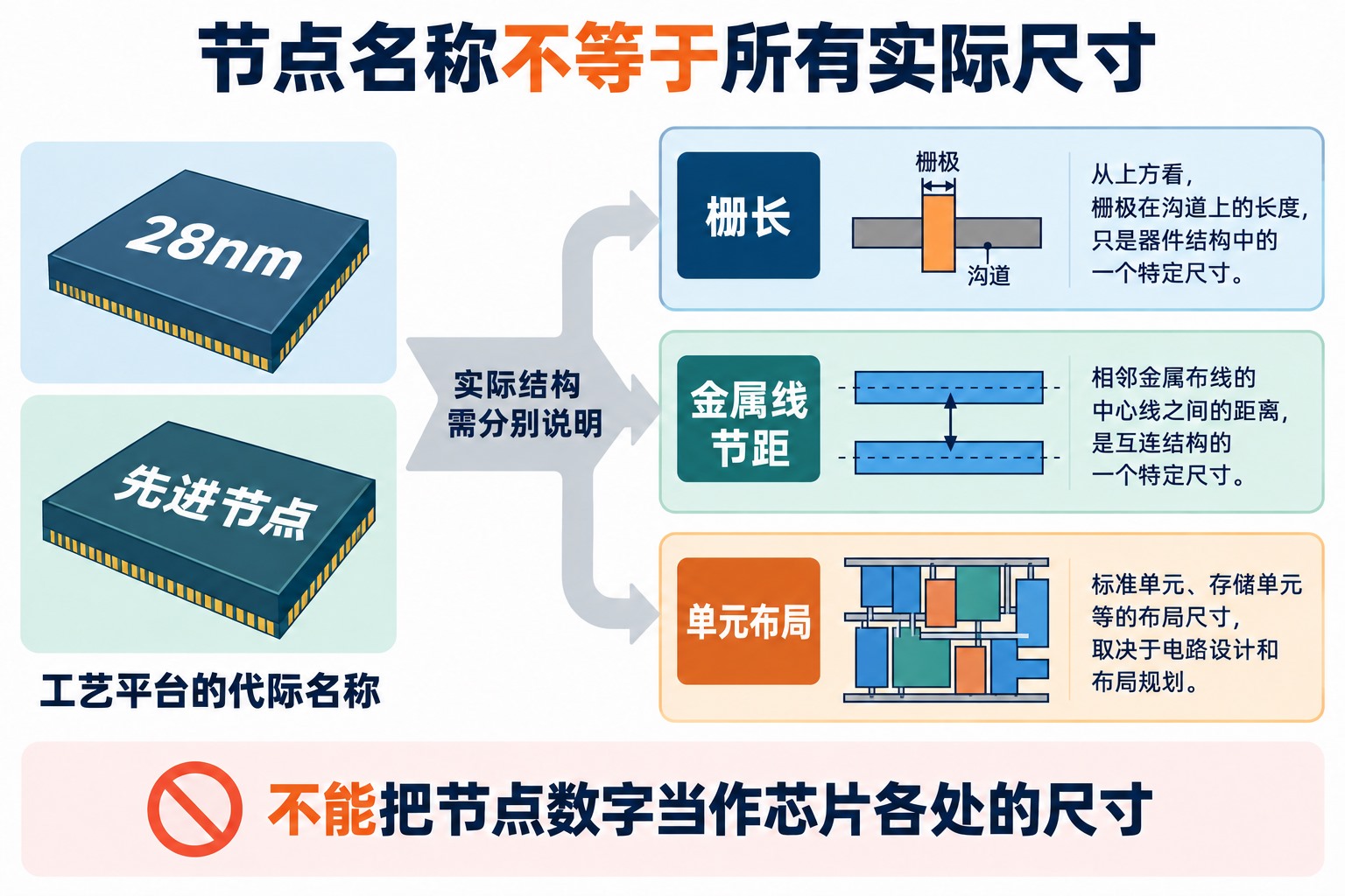 节点名称与实际结构尺寸的区别，分别示意栅长、金属线节距和单元布局