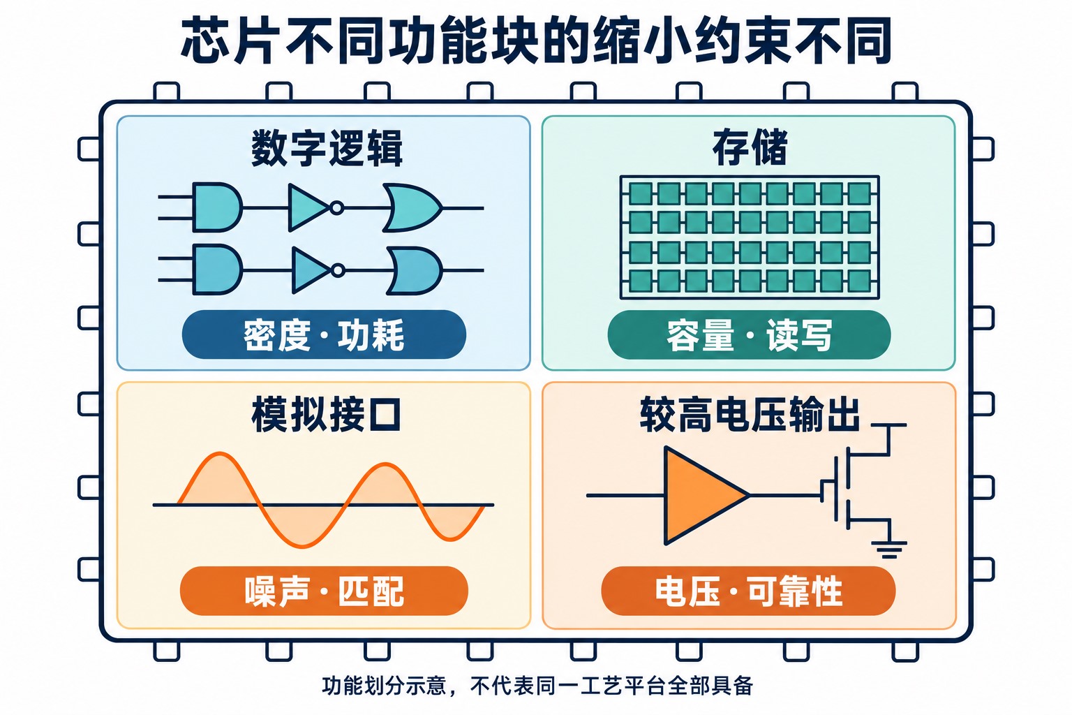 数字逻辑、存储器、模拟接口与较高电压输出电路各自对应密度功耗、读写、噪声匹配和耐压可靠性要求
