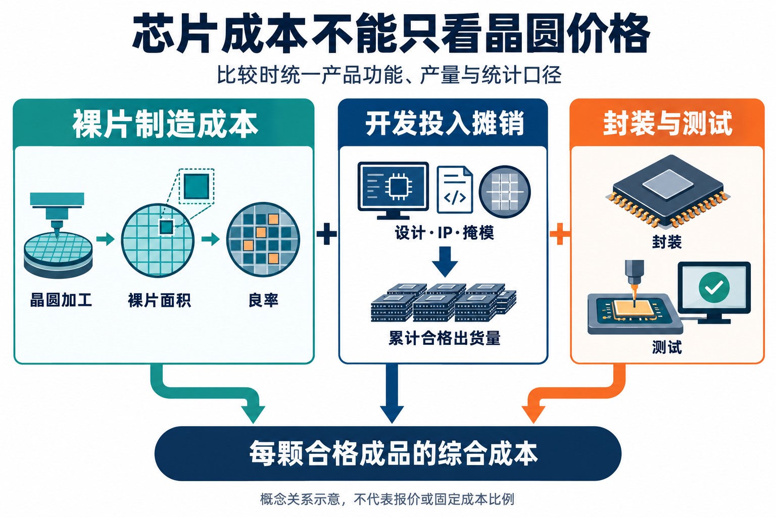 晶圆加工、裸片面积、良率、设计IP与掩模投入、累计产量和封装测试共同影响合格芯片成本