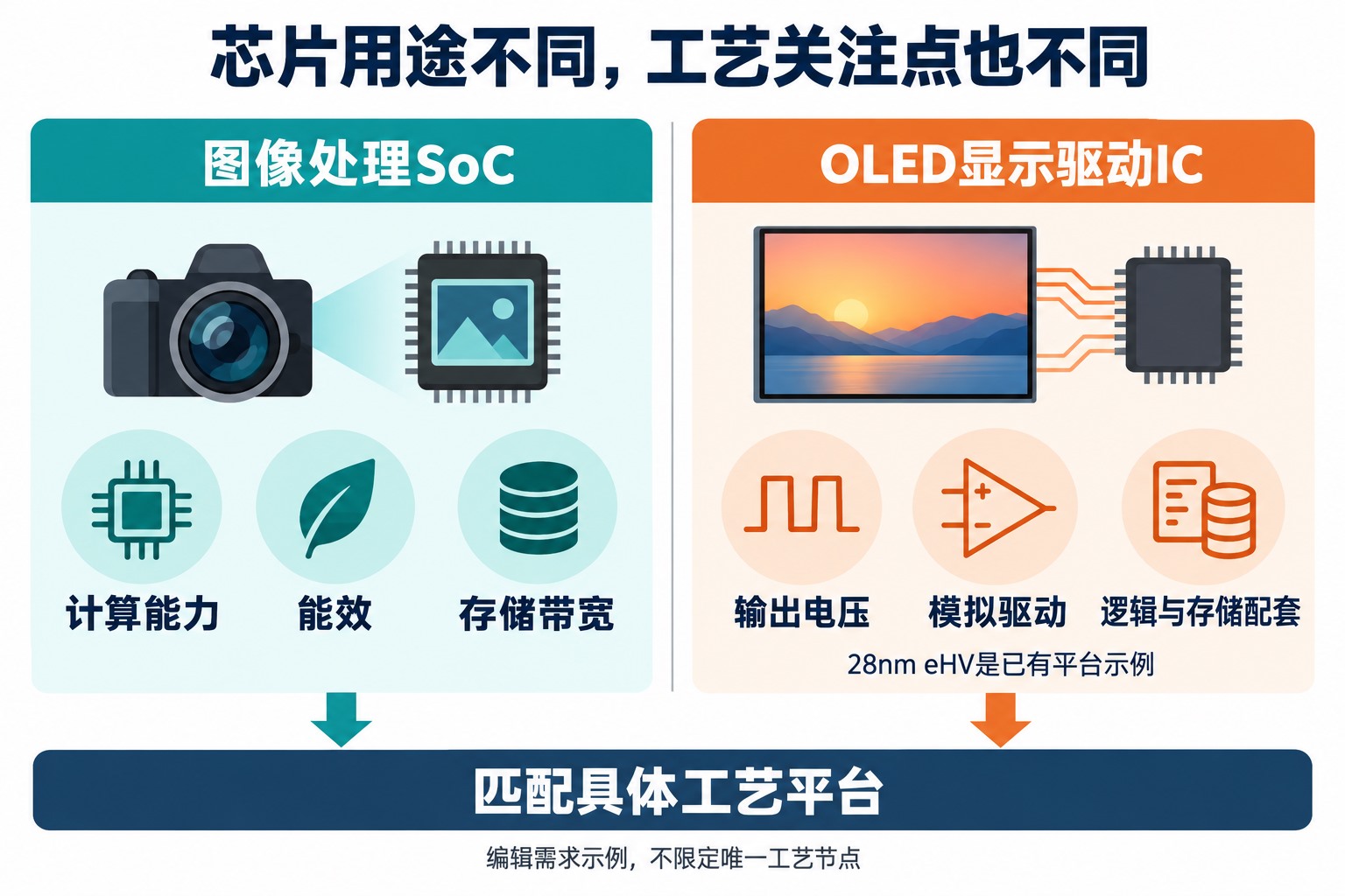 图像处理SoC以计算能耗和存储带宽为重点，OLED显示驱动芯片以输出电压和模拟驱动等要求为重点，分别匹配工艺平台