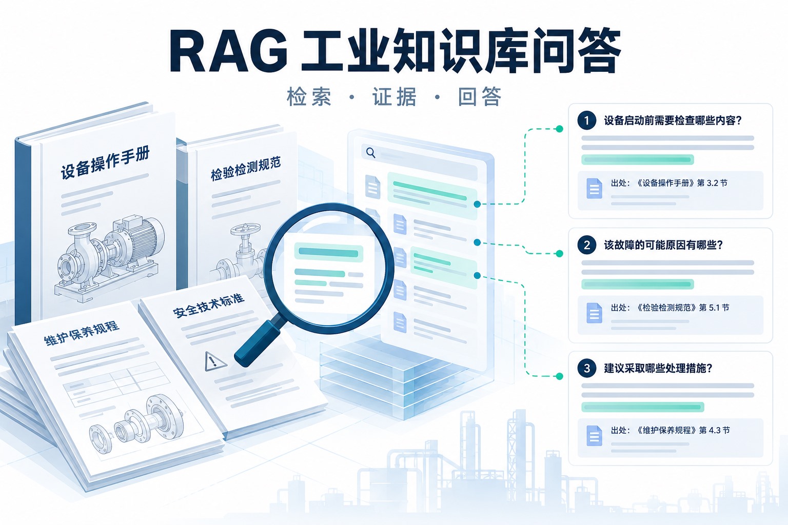 工业文档经检索进入大模型问答,回答附带来源,示意RAG工业知识库的基本关系