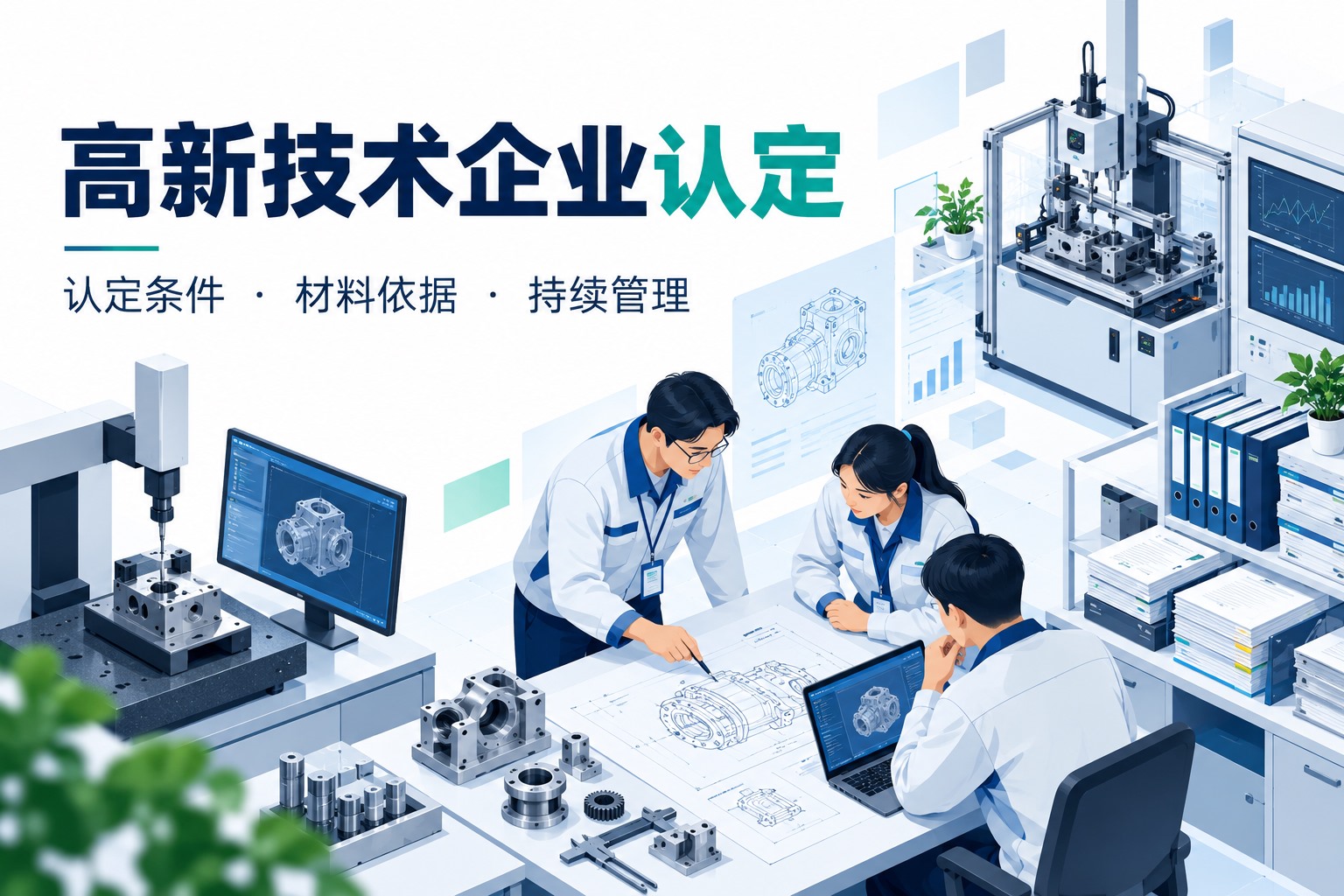 制造企业的研发试验设备、技术文件与认定资料，示意高新技术企业认定所需的研发和经营基础