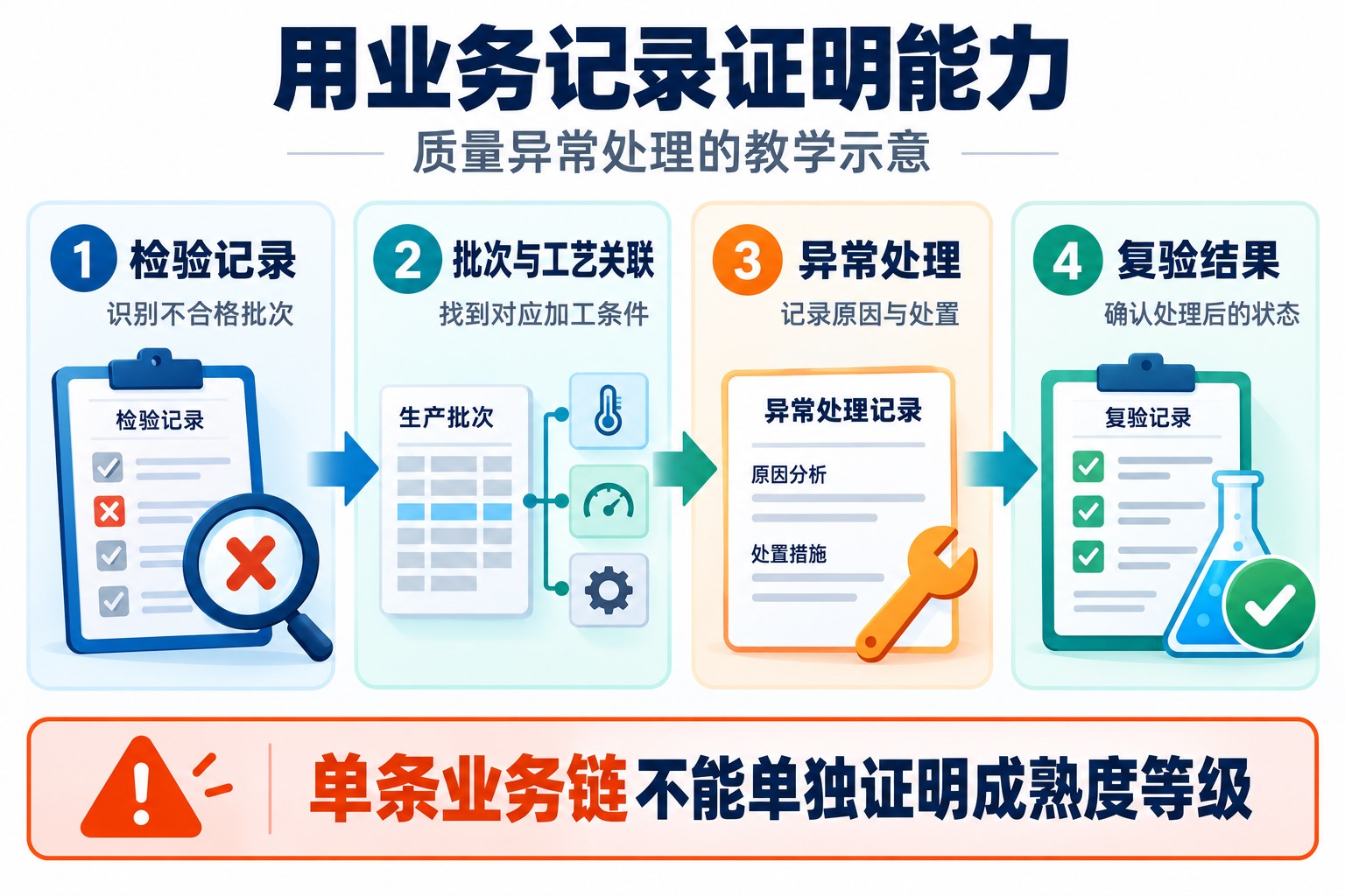 教学示例中检验记录与批次工艺关联，经过异常处理后用复验结果验证处置情况