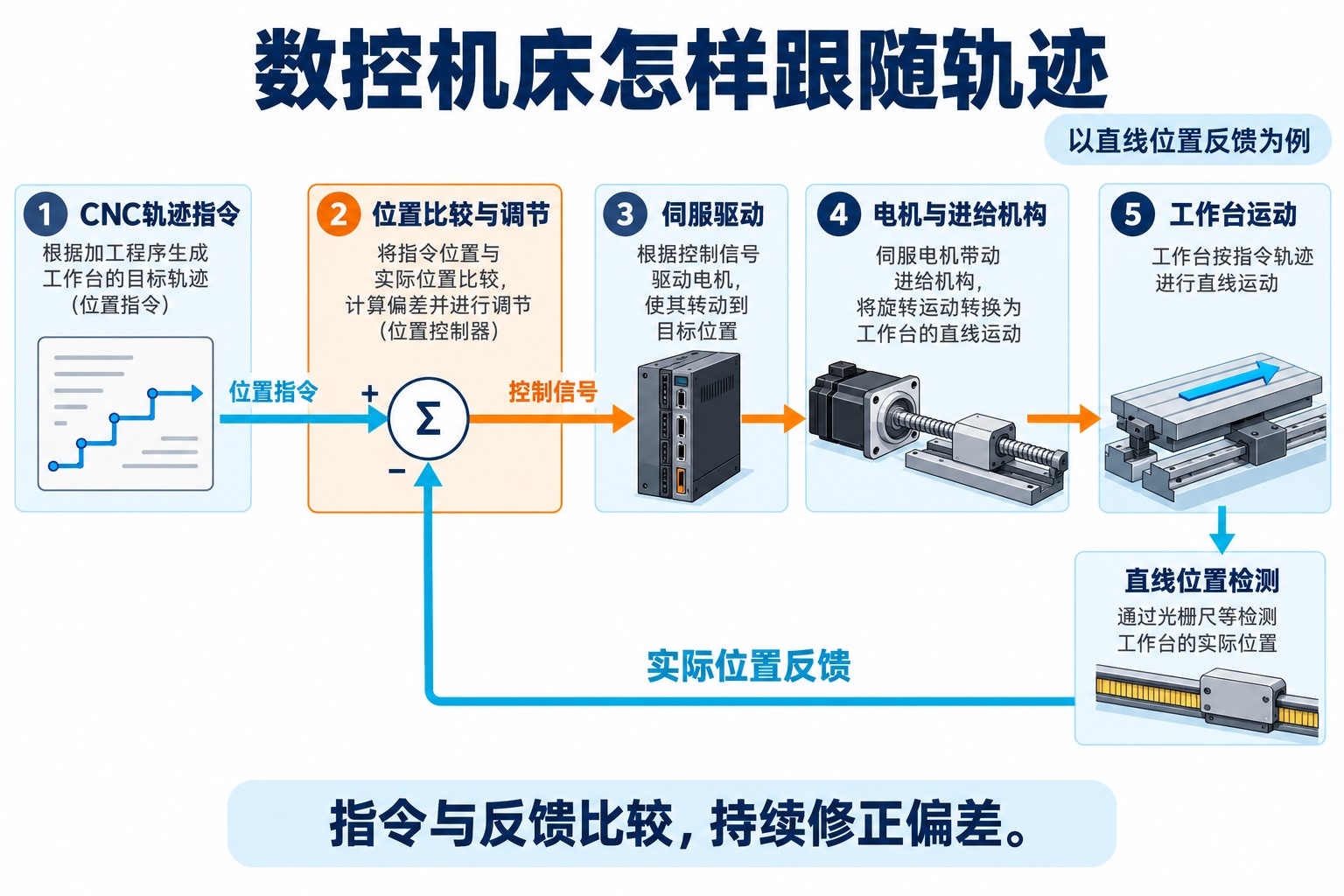 CNC轨迹指令经过位置比较与调节、伺服驱动和进给机构带动工作台，直线位置检测将反馈送回位置控制