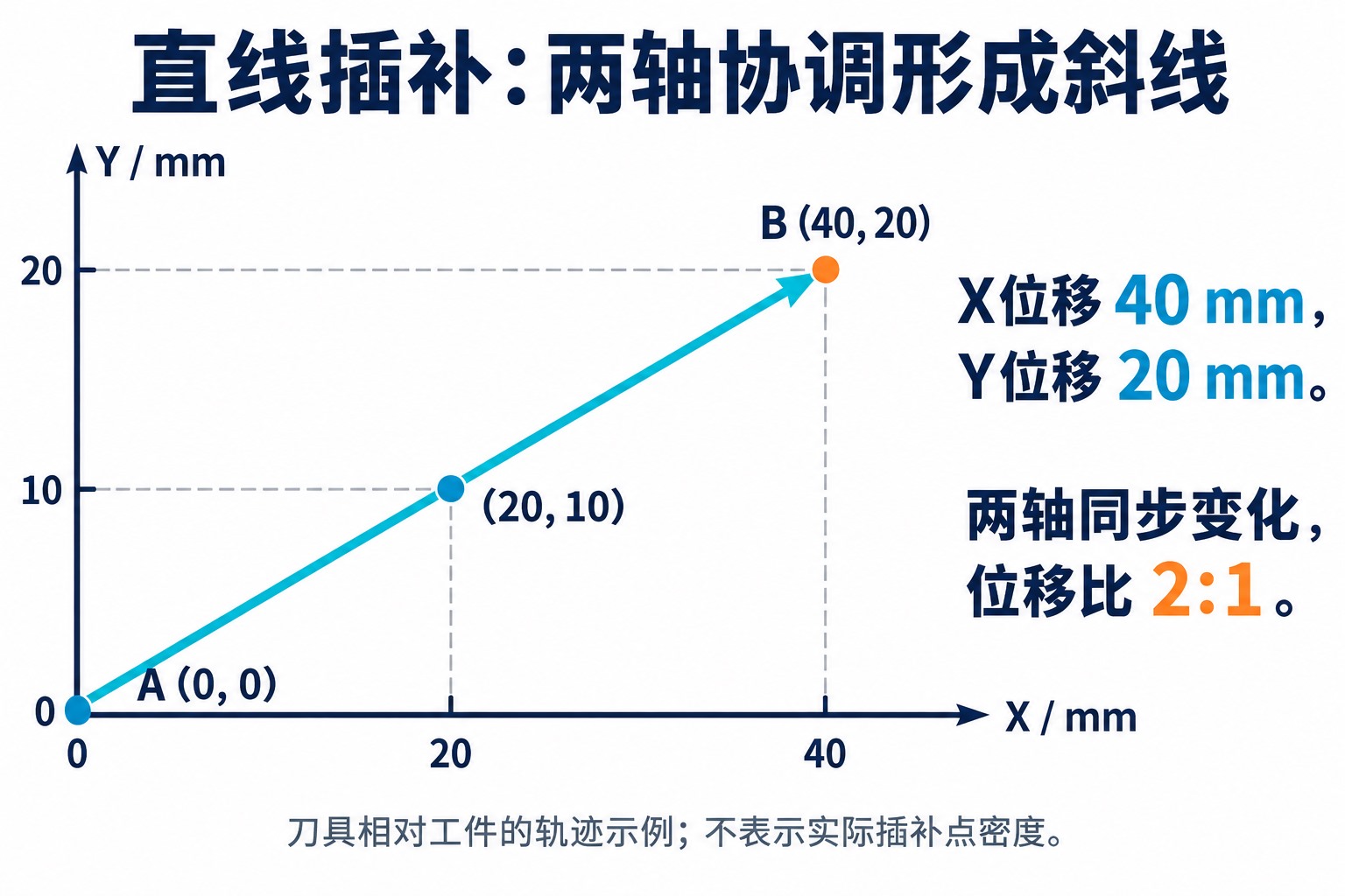 教学XY轨迹从A坐标0、0沿直线到B坐标40、20，X与Y同步变化，坐标投影不代表实际折线路径