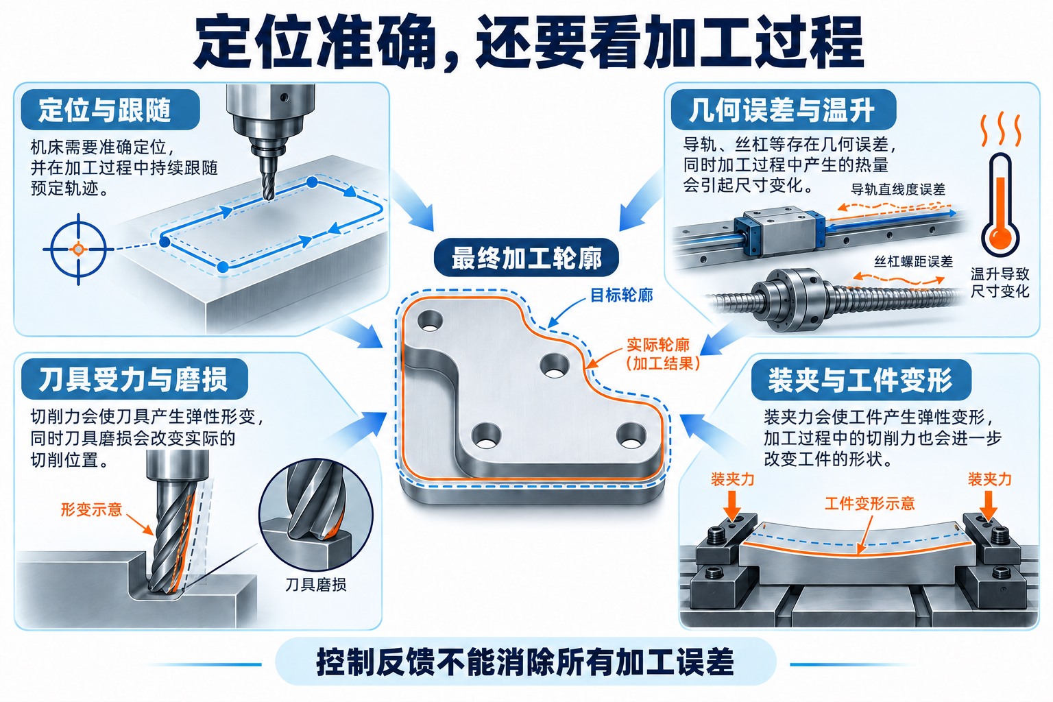 定位与跟随、机械几何与温升、刀具受力与磨损、装夹及工件变形共同影响最终加工轮廓