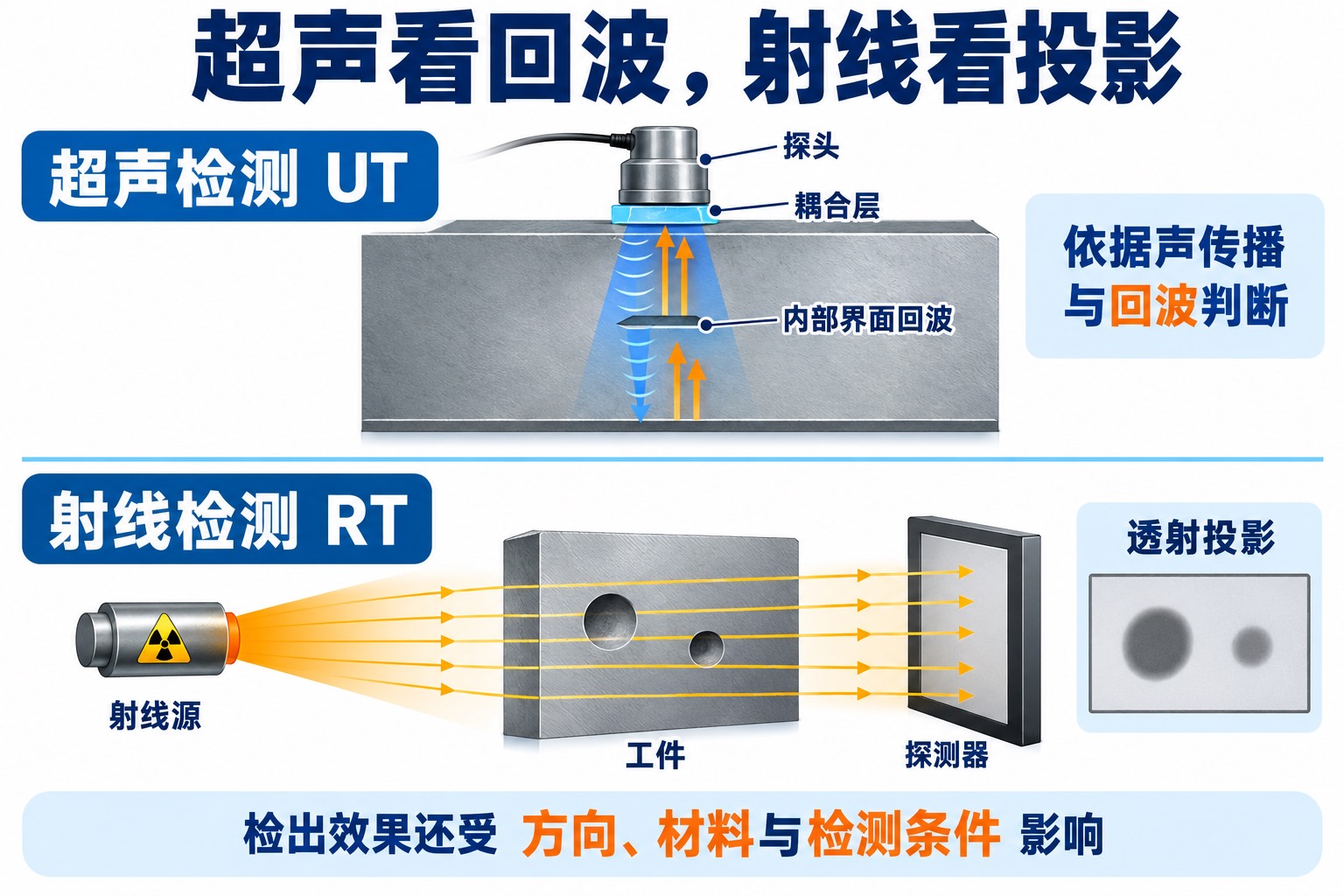 超声探头接收内部界面回波,射线穿过工件后由探测器形成透射投影,两种检测原理并列示意