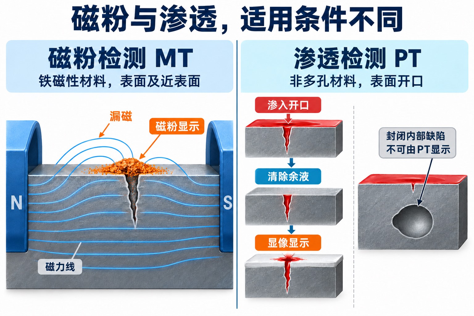 磁粉在铁磁性材料裂纹的漏磁区域聚集,渗透液进入非多孔材料的表面开口后形成显示