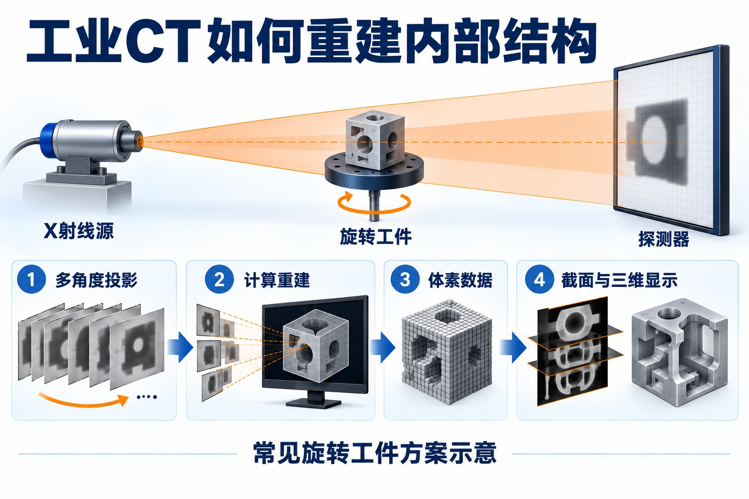 多角度X射线投影经过计算重建形成体素数据，再显示虚拟截面与三维结构