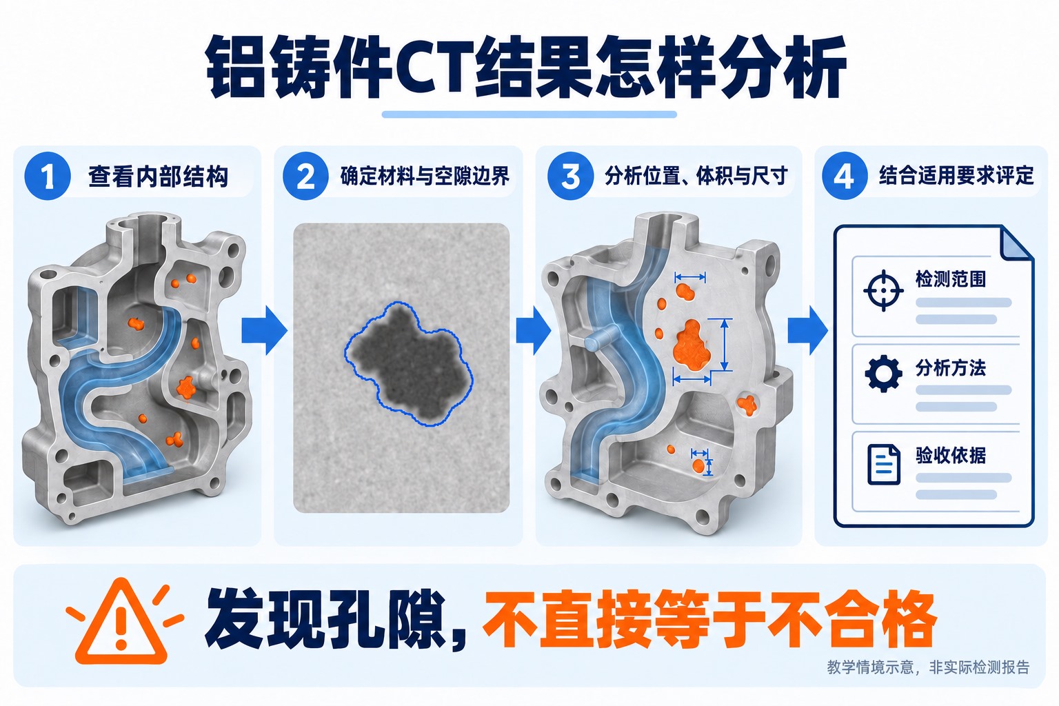 铝铸件气孔和内部通道的教学分析，从截面与边界分割得到位置、体积和尺寸，再结合要求评定