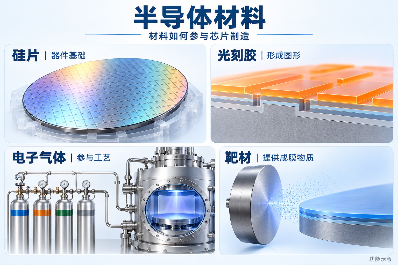 半导体材料有哪些？硅片、光刻胶、电子特气与靶材