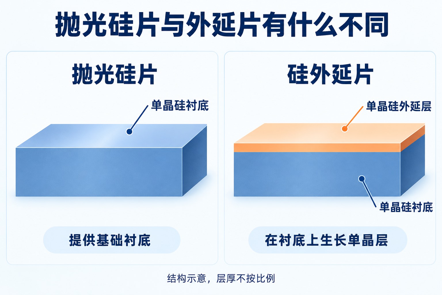 硅抛光片与硅外延片的剖面对比:外延片在硅衬底上增加单晶硅外延层