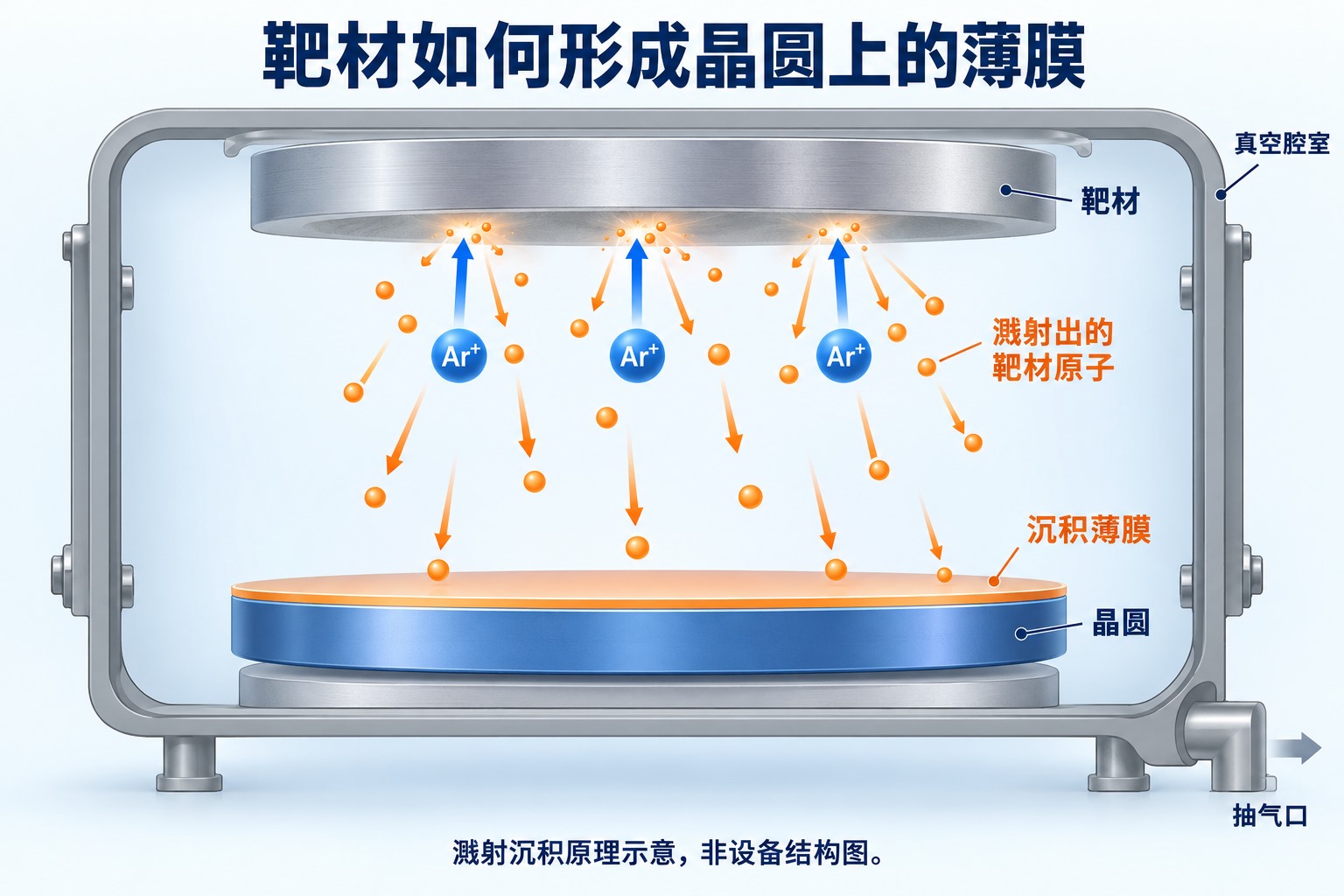 氩离子轰击上方靶材,逸出的靶原子向下到达晶圆并沉积成薄膜的溅射原理示意