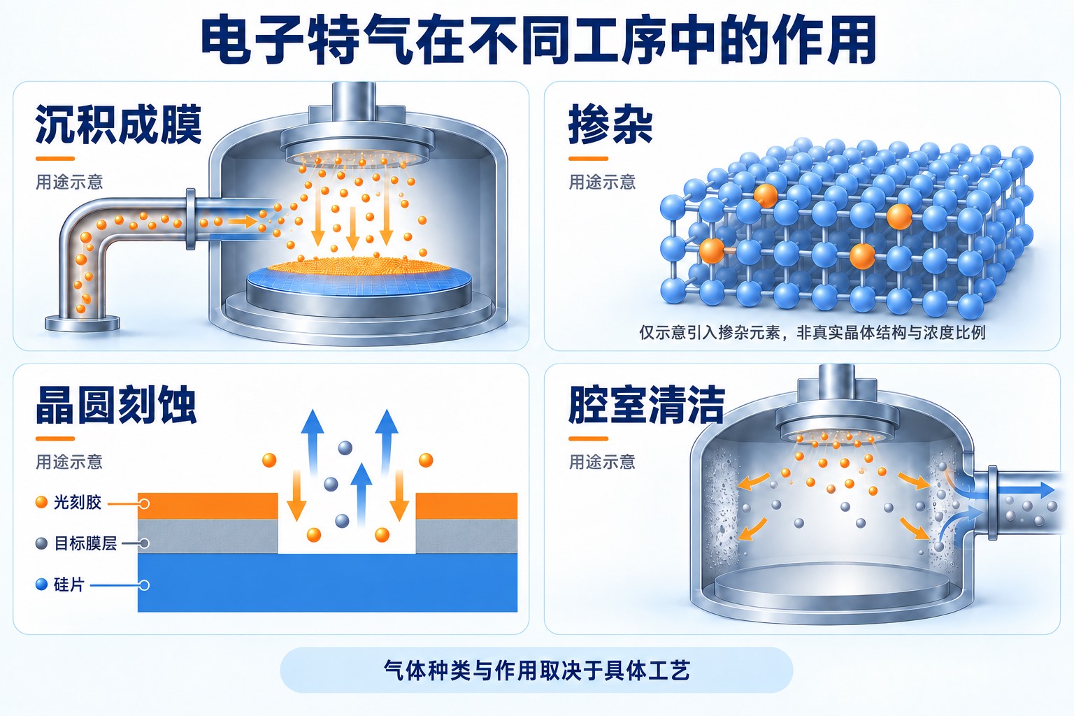 电子特气用于沉积成膜、掺杂、晶圆刻蚀及无晶圆状态下的腔室清洁的四种用途示意
