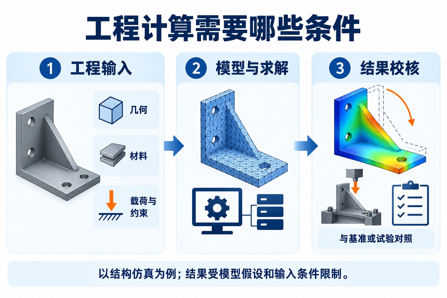 结构仿真从几何材料载荷输入到模型求解和结果校核的关系示意