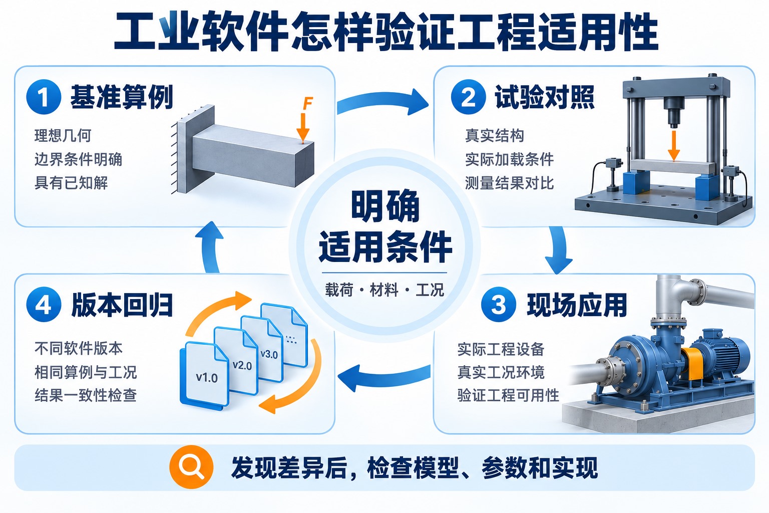 工业软件通过基准算例试验对照现场应用和版本回归积累适用条件下的验证证据