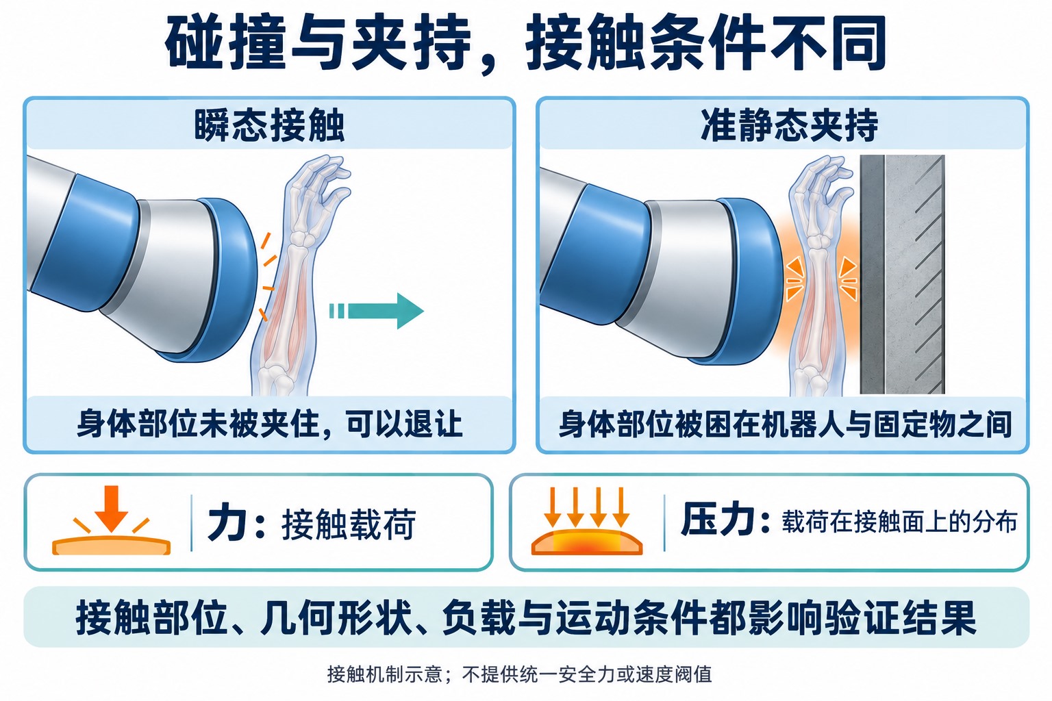 瞬态接触与准静态夹持对比:左侧身体部位能够退让,右侧被运动部件与固定物夹住