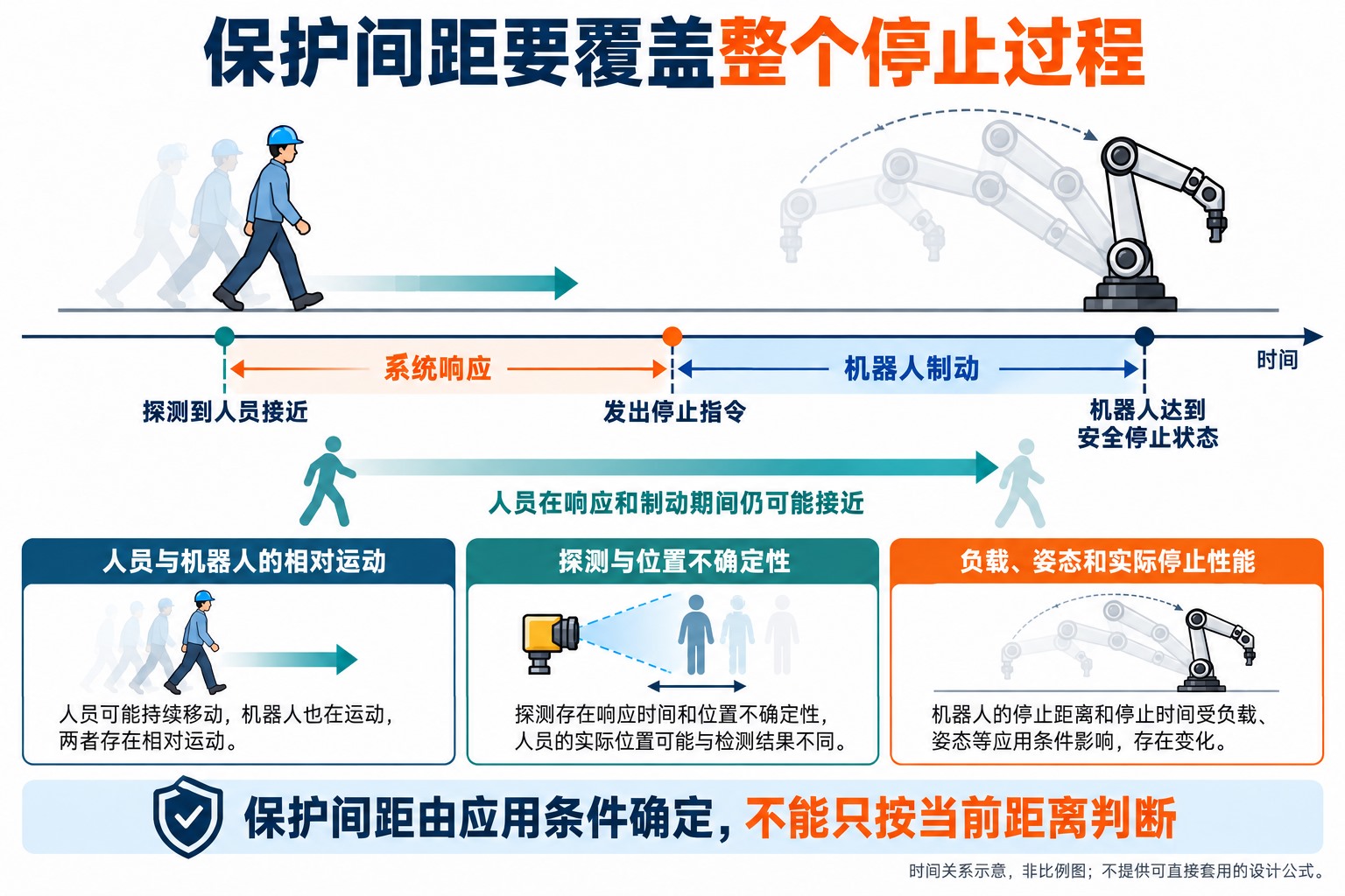 人员被检测后,系统经历响应、机器人制动和完全停止,人员在此期间仍可能继续接近