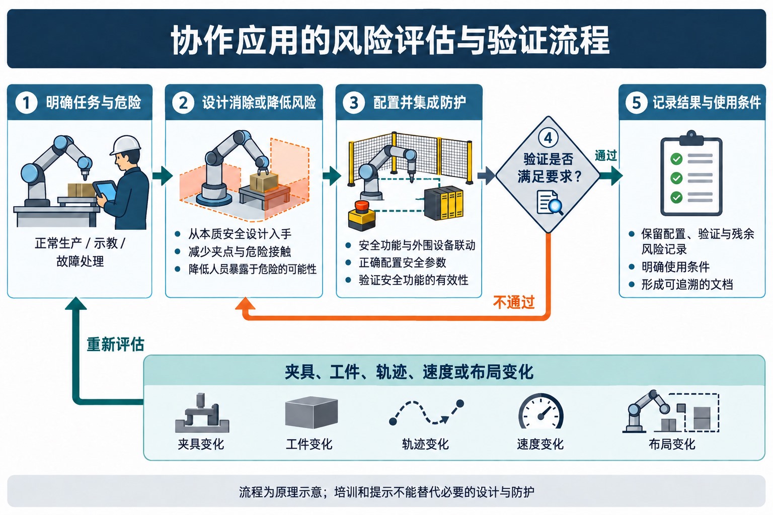 协作工位安全工作流程:风险评估、设计减风险、配置防护、验证,未通过返回修改,变更后重新评估