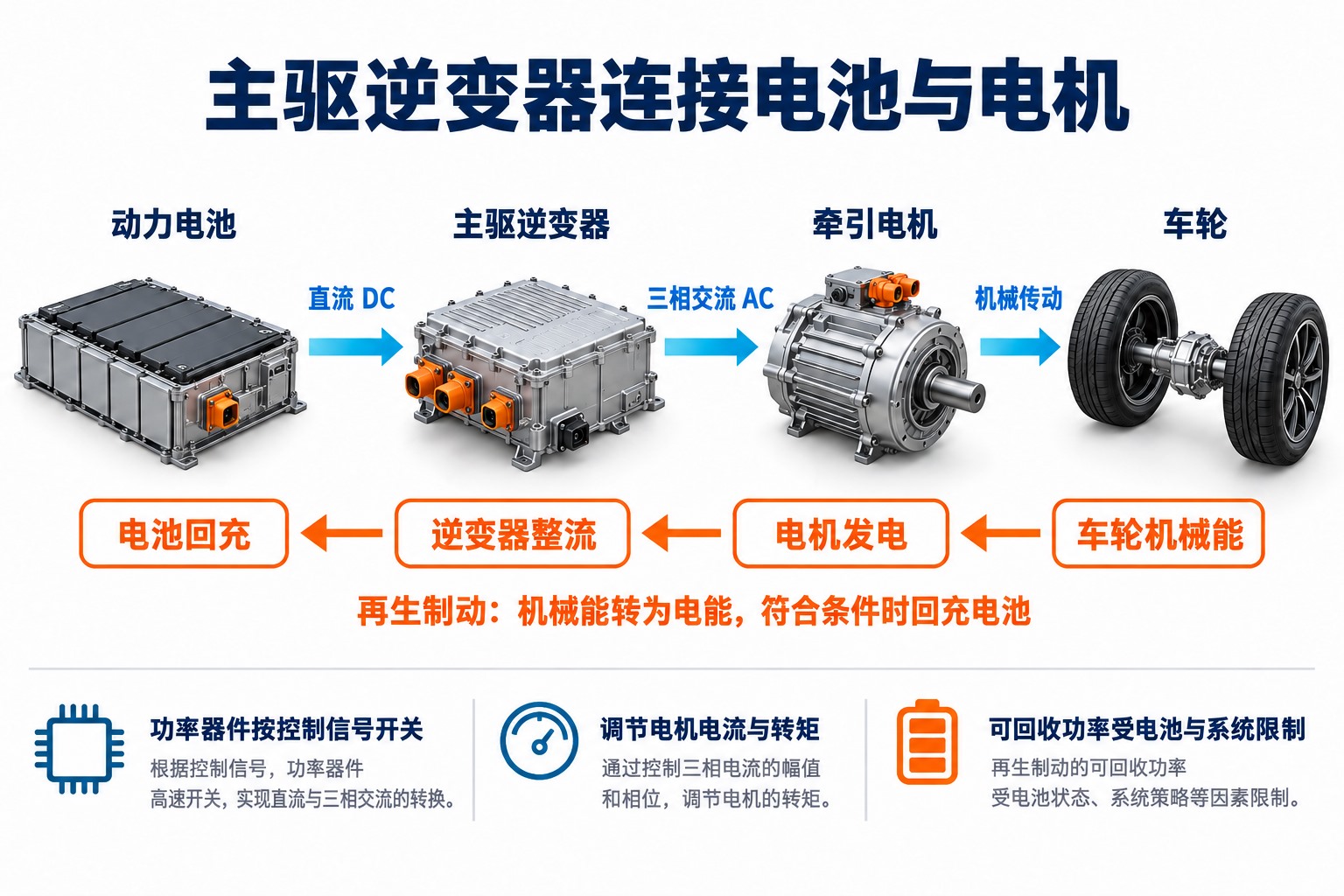 驱动时能量从电池经逆变器流向电机和车轮,回收时从车轮经电机与逆变器返回电池