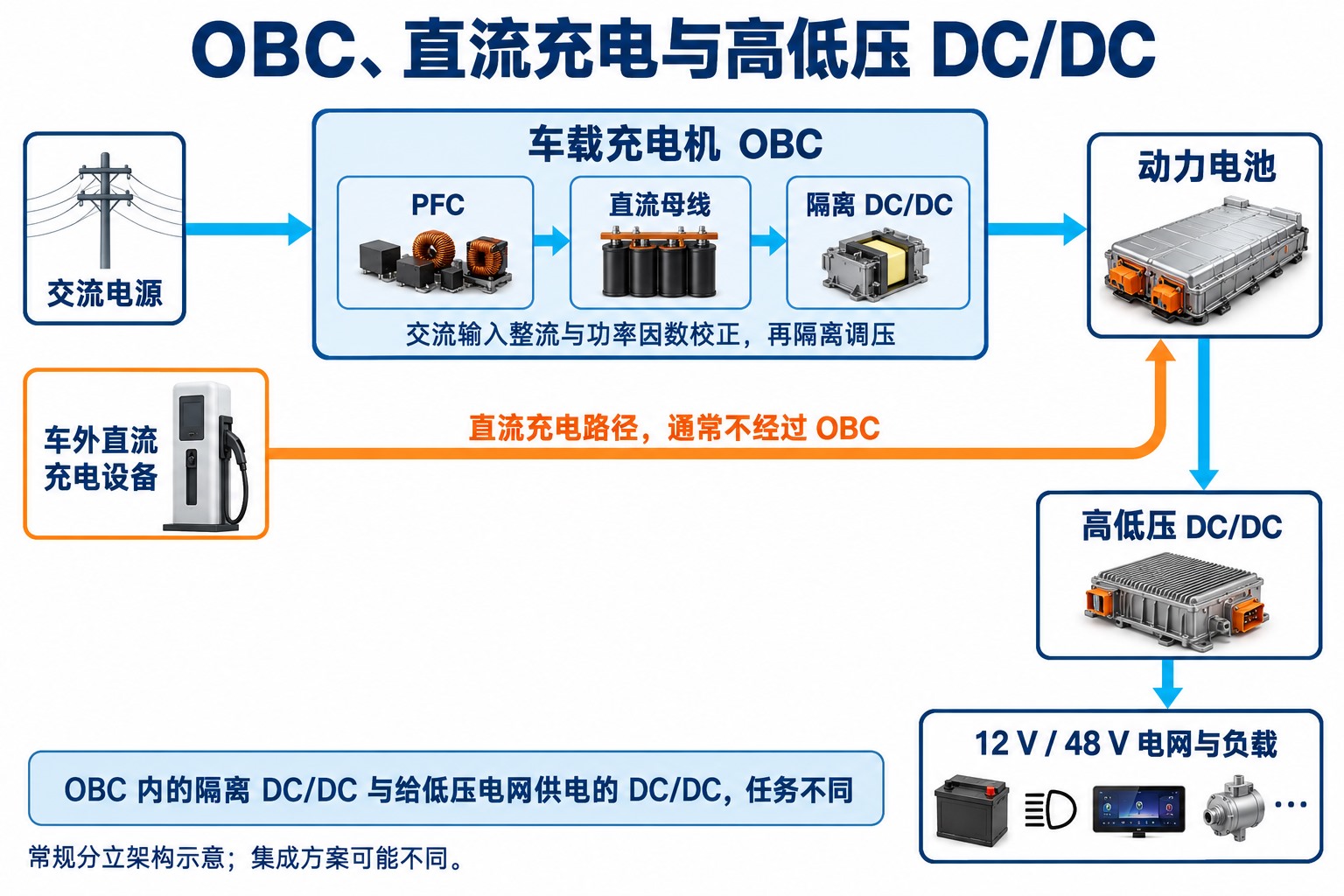 交流经OBC的PFC和隔离DC-DC为动力电池充电,动力电池另经高低压DC-DC供辅助系统,直流充电走独立路径