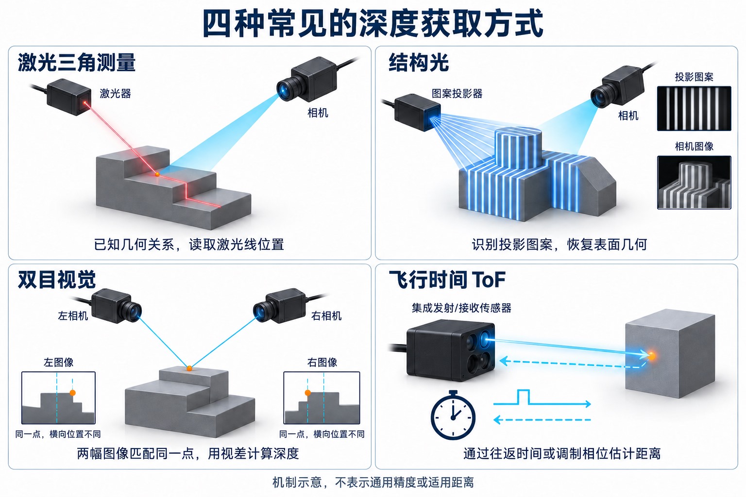 激光三角、结构光、双目和ToF四种深度成像机制示意,分别依据光线位置、投影对应、视差和传播时间或相位