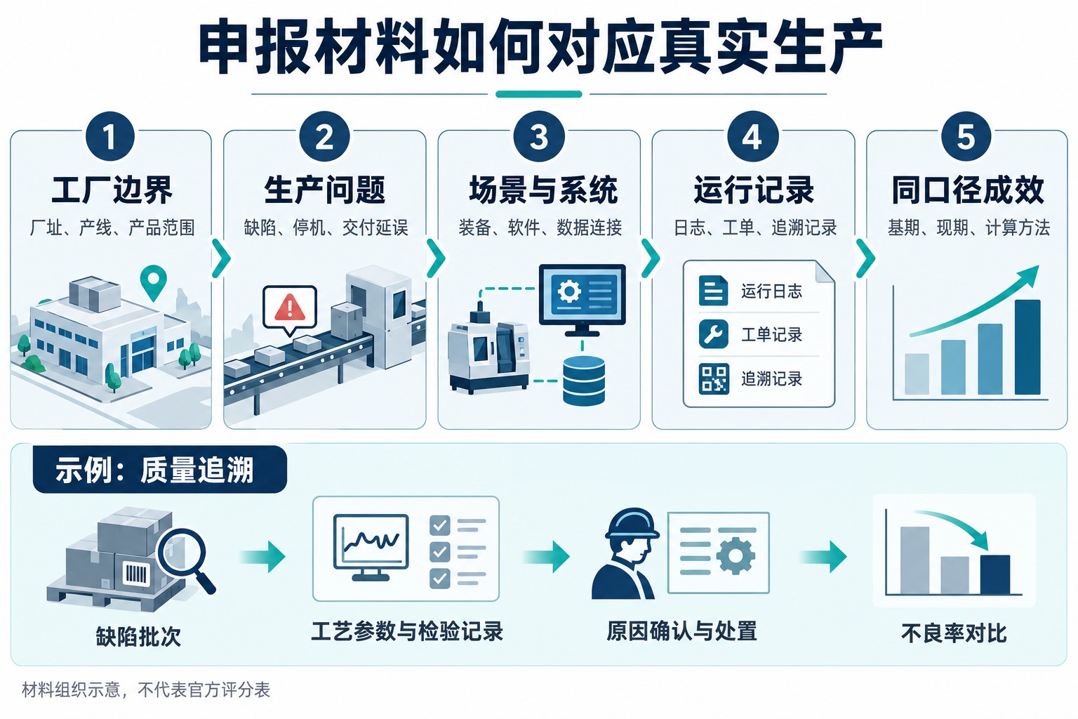 从申报工厂范围到生产问题、场景系统、运行记录和同口径成效的证据关联,下方以质量追溯举例