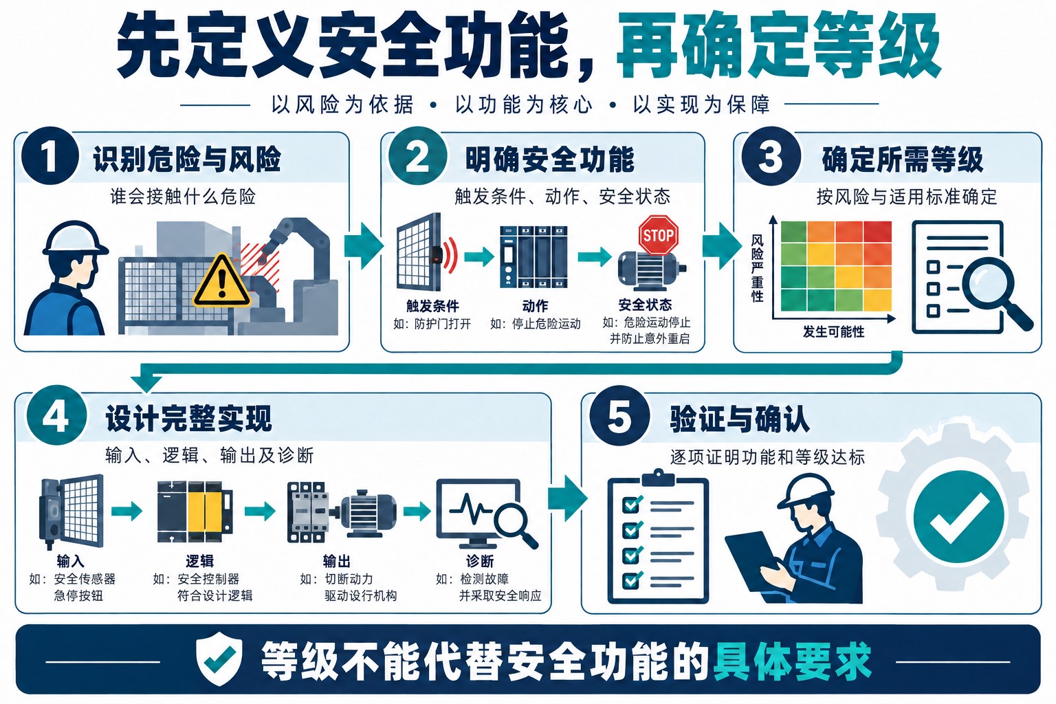 从识别危险与风险、明确安全功能和所需等级，到完整实现及验证确认的五步示意