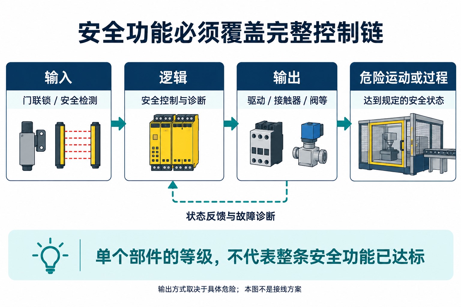 安全检测输入经过逻辑处理作用于驱动、接触器或阀等执行部分，相关状态反馈用于诊断