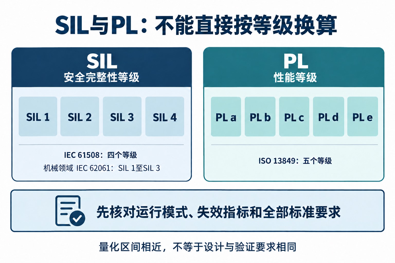 IEC 61508的SIL 1至4与ISO 13849的PL a至e并列展示，两套等级不作一一对应换算