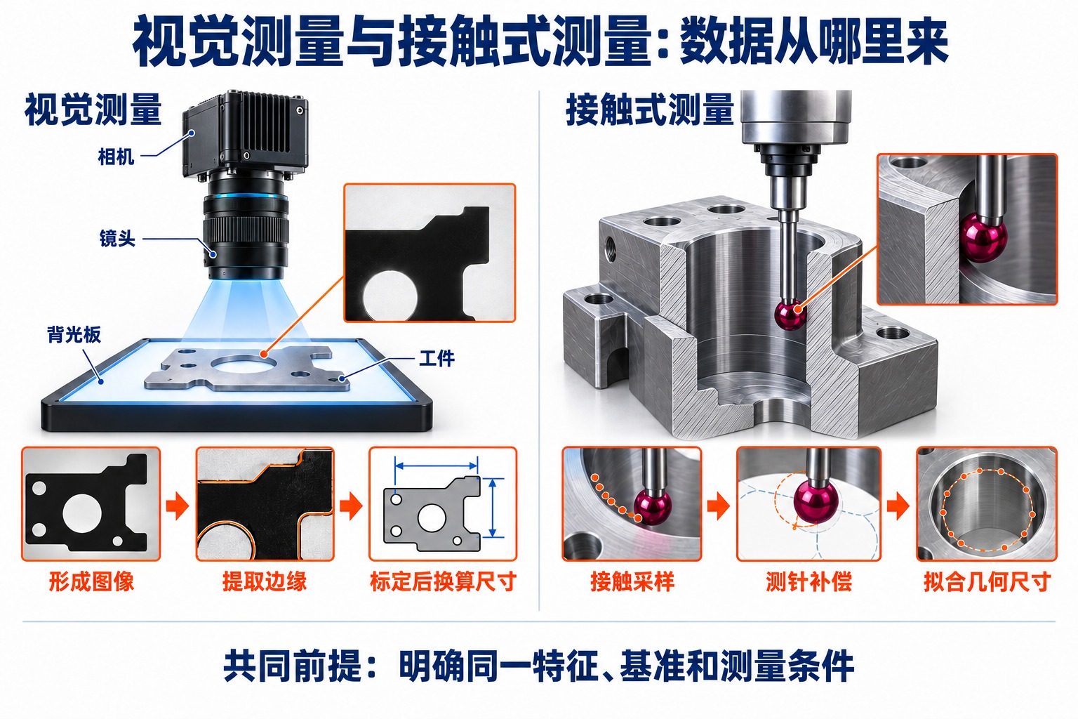 视觉成像与接触采样分别经过特征计算和补偿得到尺寸的两条数据路径
