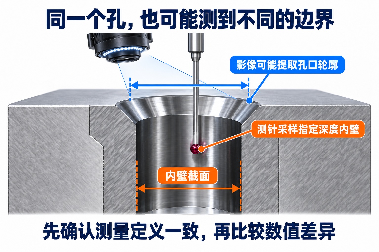 带倒角圆孔的孔口轮廓与指定深度内壁截面分别被影像和测针采样