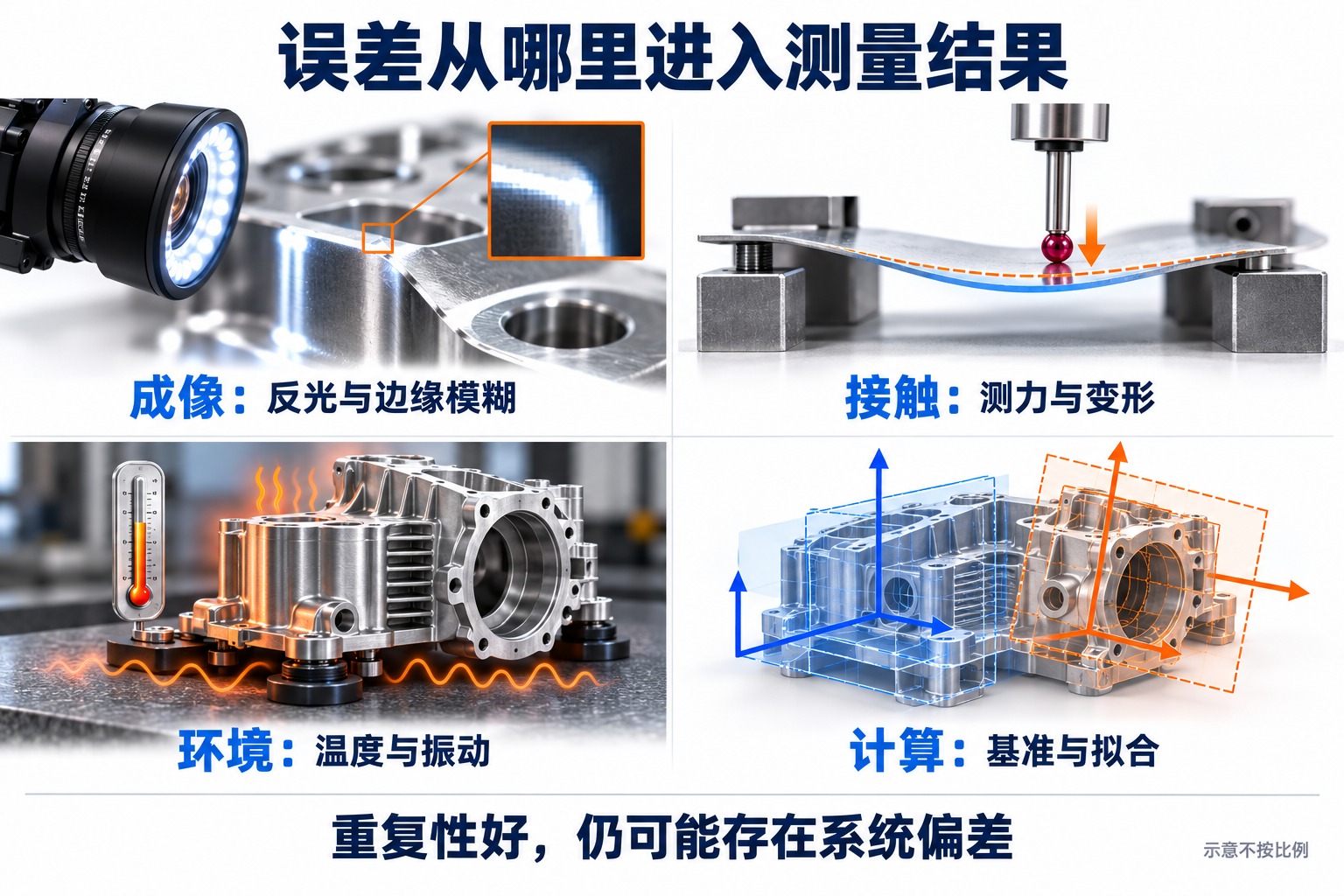 成像反光、接触变形、环境变化与基准拟合四类误差来源